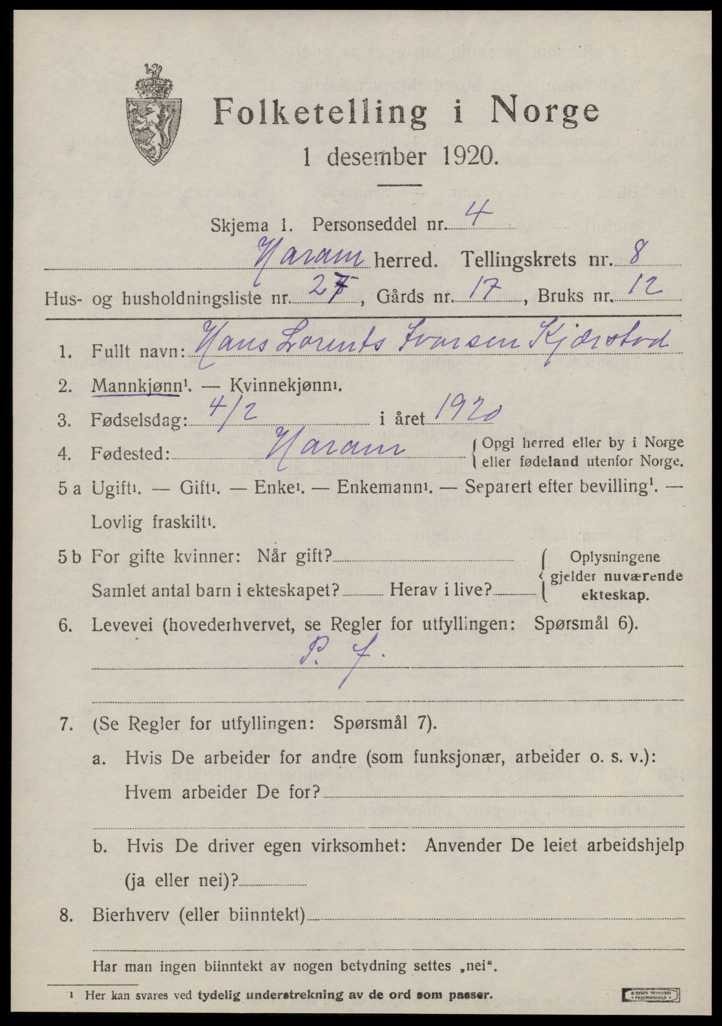 SAT, 1920 census for Haram, 1920, p. 4915