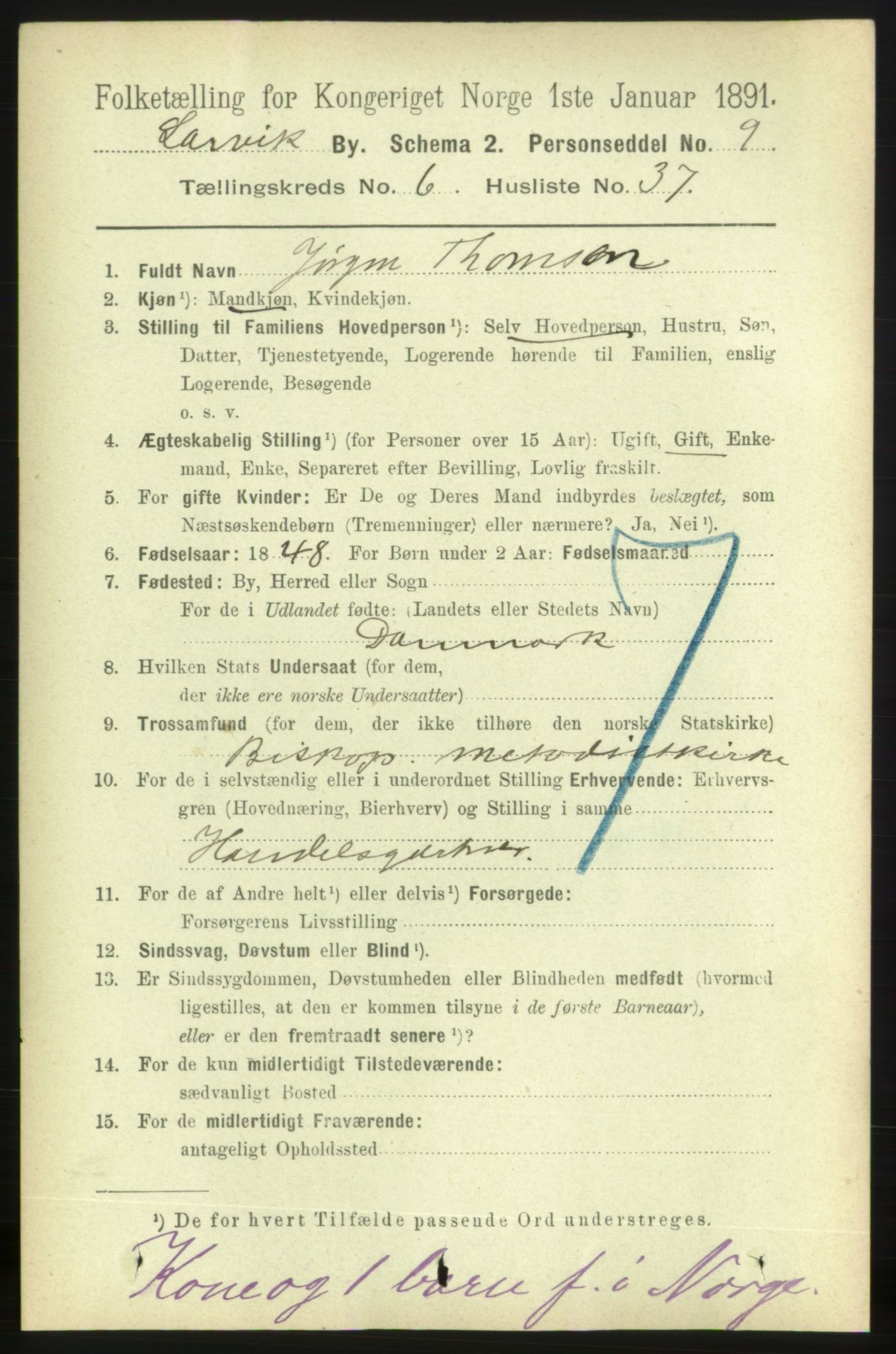 RA, 1891 census for 0707 Larvik, 1891, p. 7054