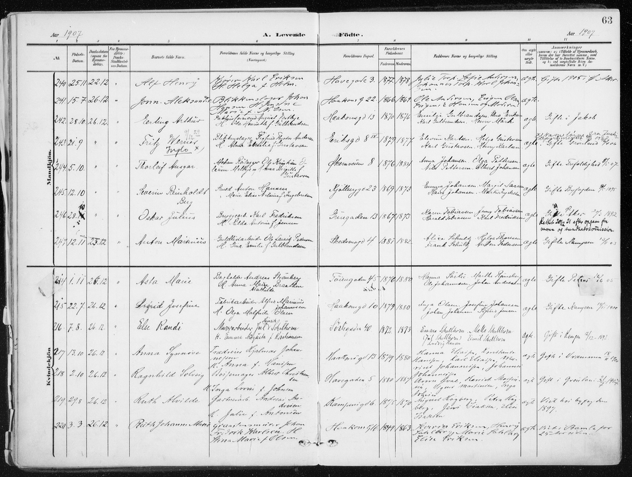 Kampen prestekontor Kirkebøker, AV/SAO-A-10853/F/Fa/L0010: Parish register (official) no. I 10, 1905-1917, p. 63