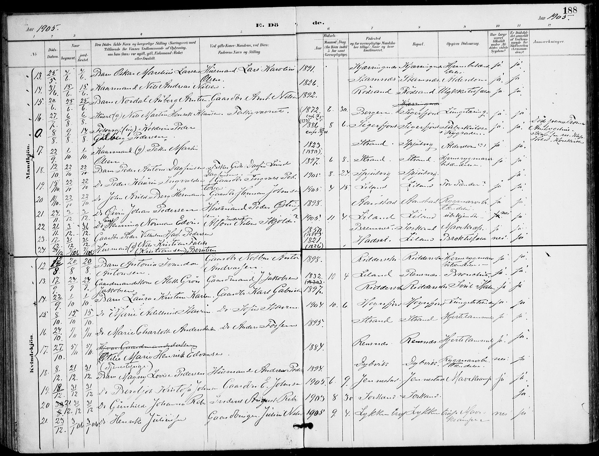Ministerialprotokoller, klokkerbøker og fødselsregistre - Nordland, SAT/A-1459/895/L1372: Parish register (official) no. 895A07, 1894-1914, p. 188