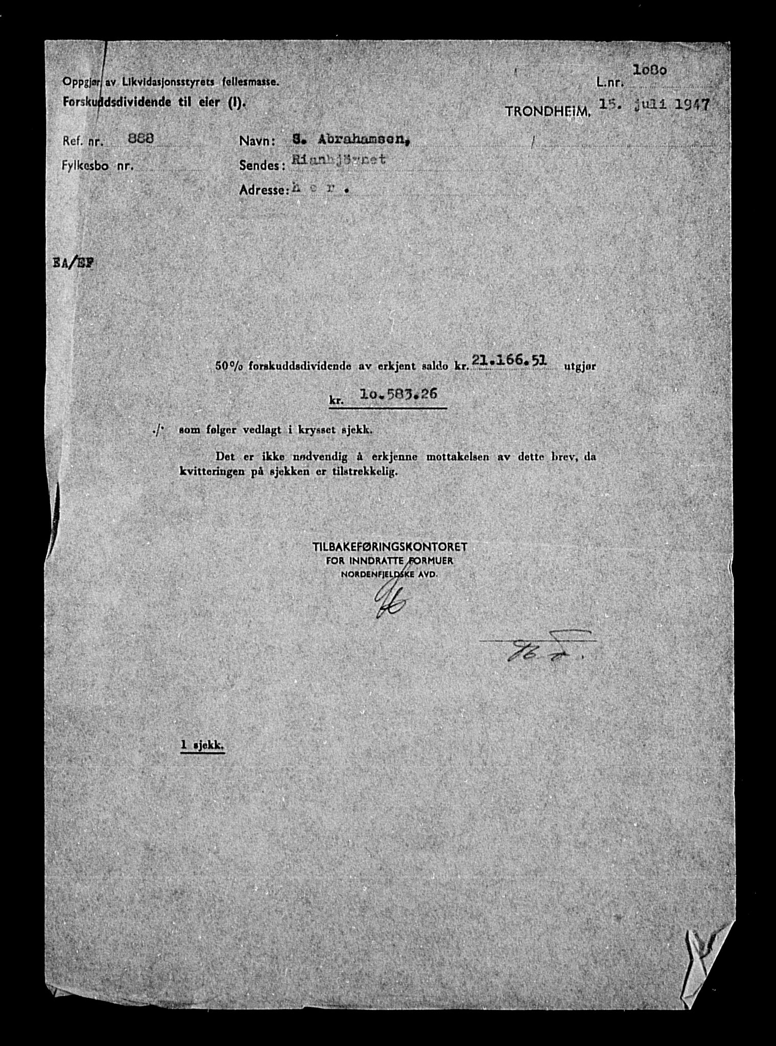 Justisdepartementet, Tilbakeføringskontoret for inndratte formuer, AV/RA-S-1564/H/Hc/Hca/L0892: --, 1945-1947, p. 4