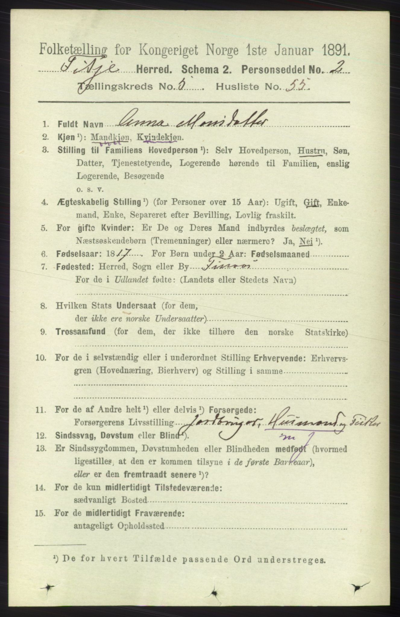 RA, 1891 census for 1222 Fitjar, 1891, p. 2081