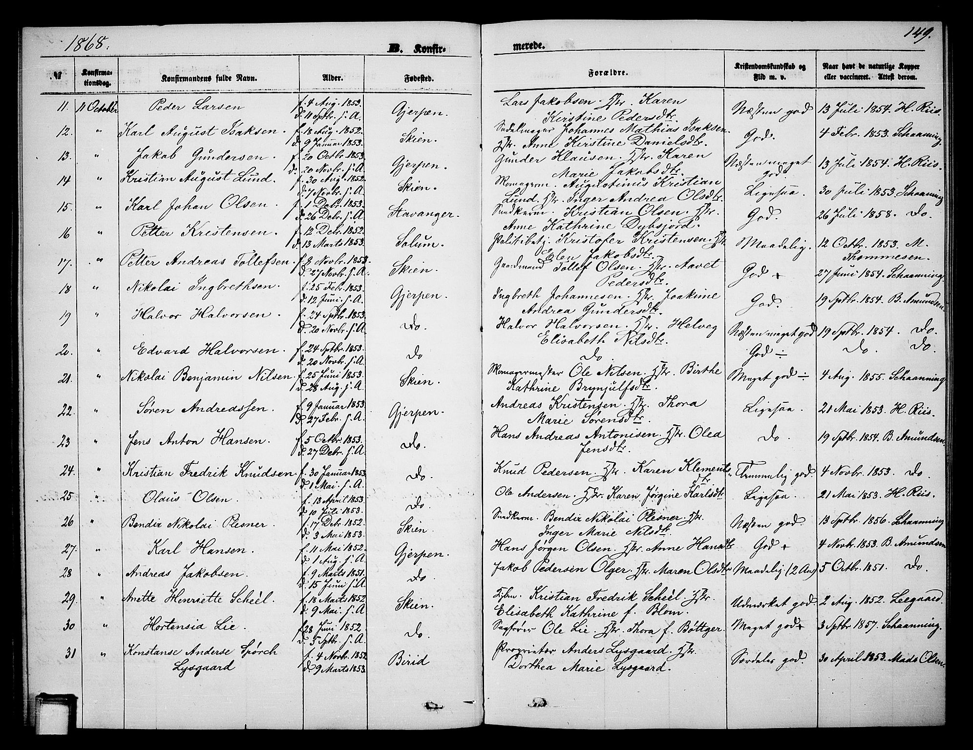 Skien kirkebøker, SAKO/A-302/G/Ga/L0005: Parish register (copy) no. 5, 1868-1880, p. 149
