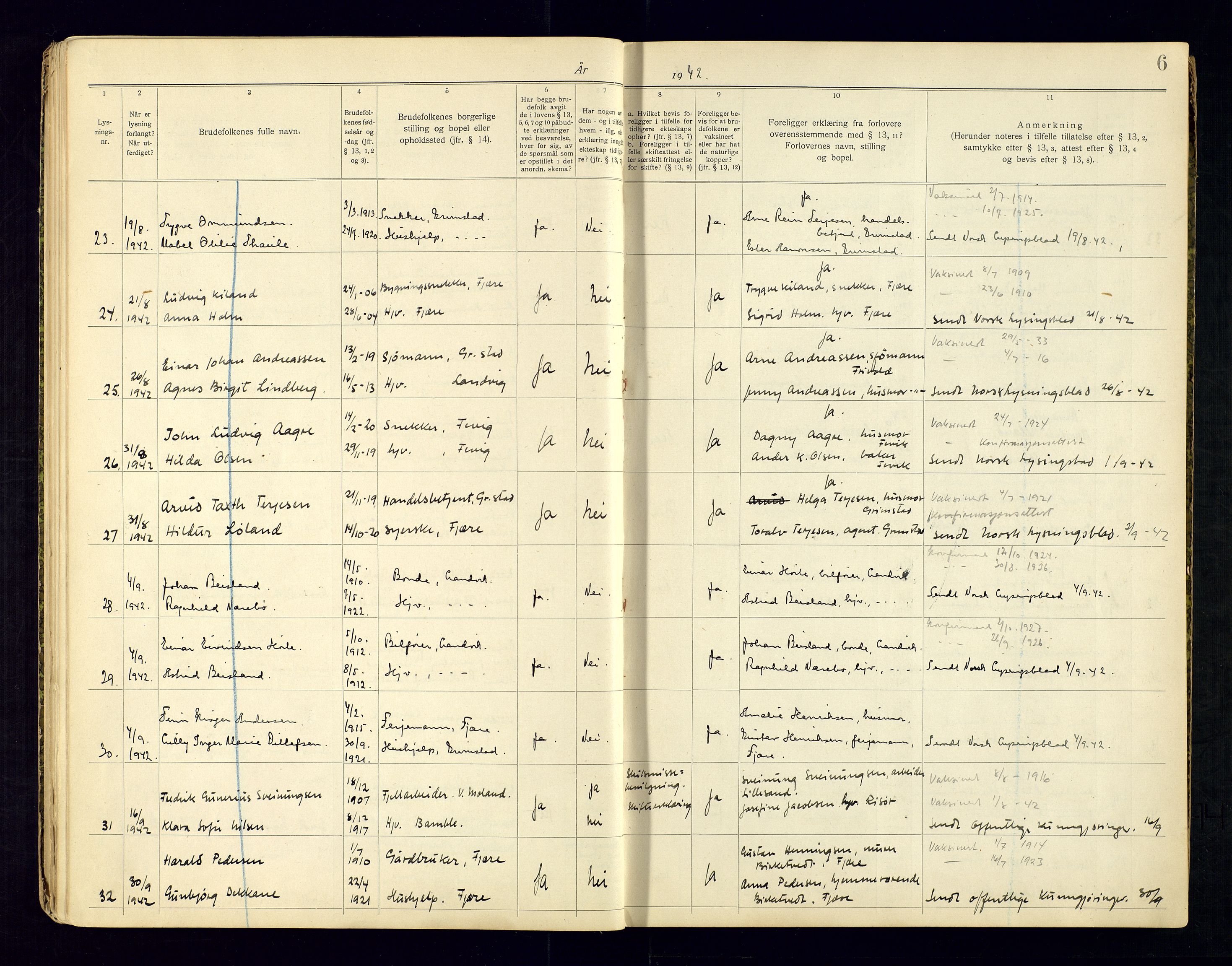 Sand sorenskriveri - 2, AV/SAK-1221-0110/I/Ib/L0532/0001: Lysning og vigsel / Lysningsbok for Grimstad, 1920-1969, p. 6