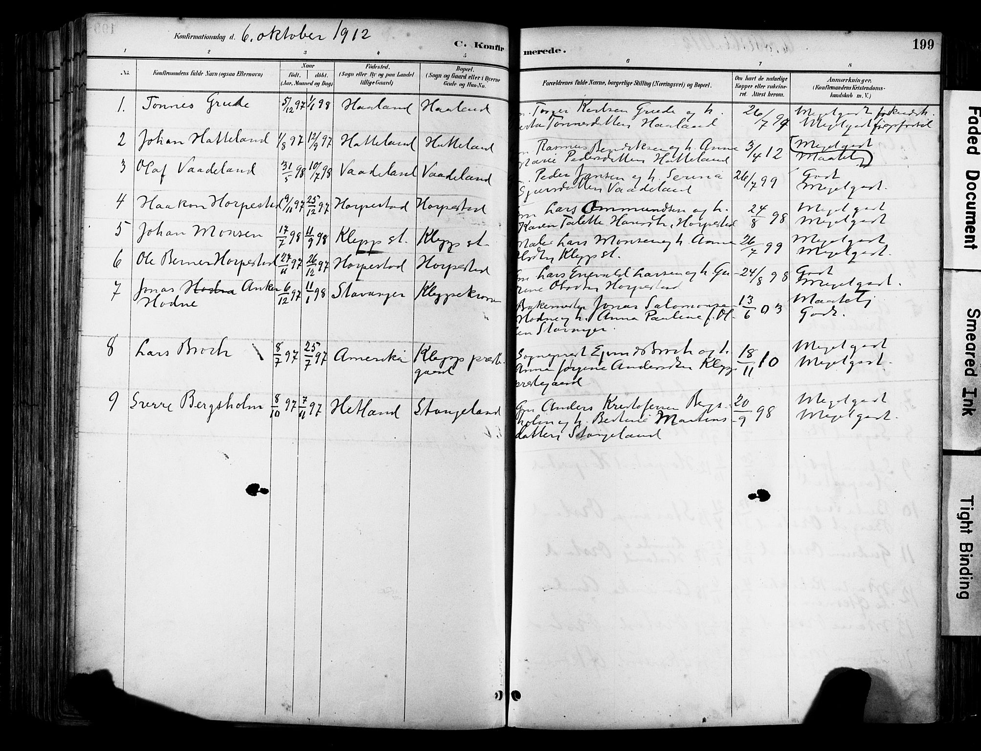 Klepp sokneprestkontor, SAST/A-101803/001/3/30BA/L0009: Parish register (official) no. A 7, 1886-1915, p. 199