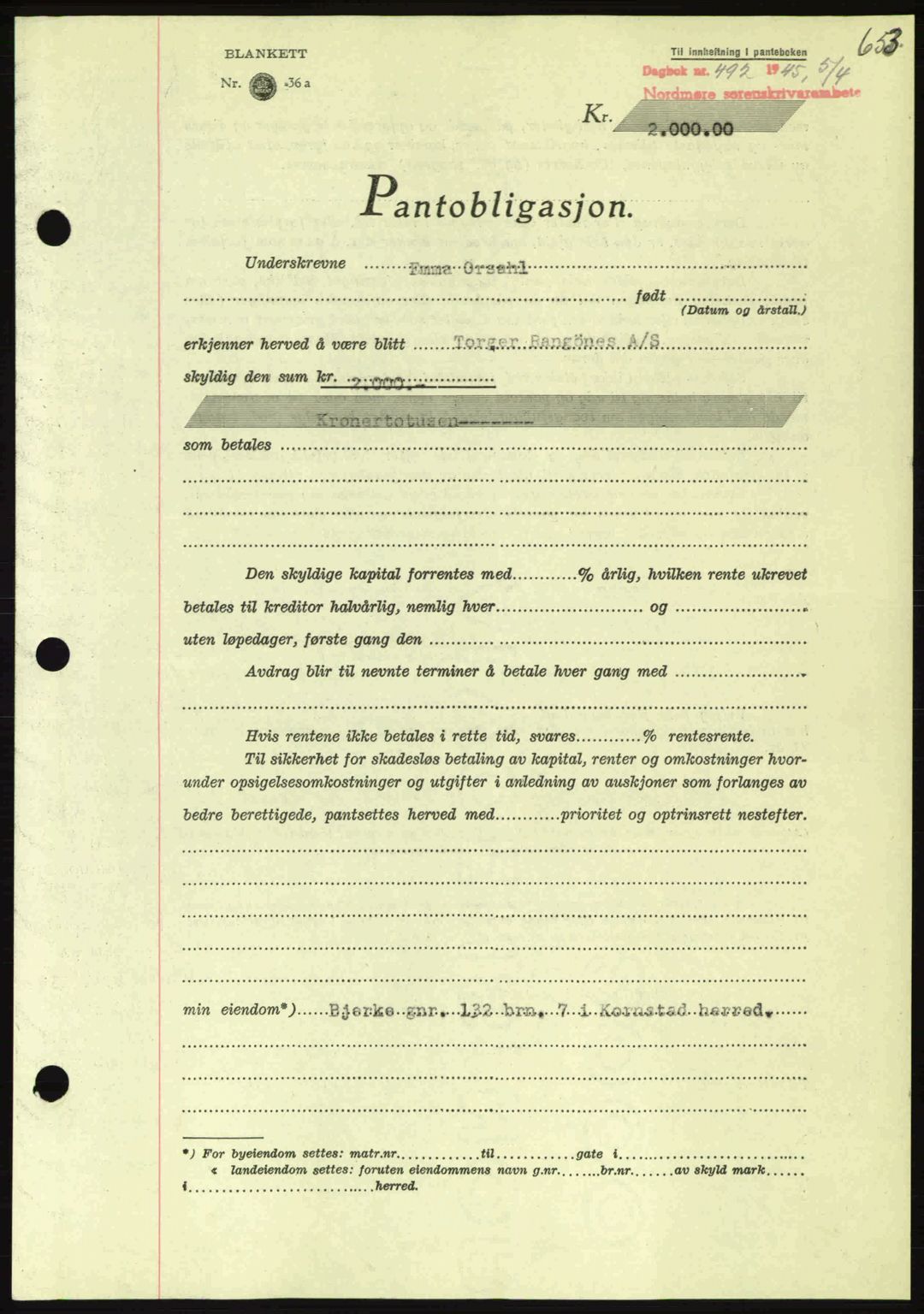 Nordmøre sorenskriveri, AV/SAT-A-4132/1/2/2Ca: Mortgage book no. B92, 1944-1945, Diary no: : 492/1945