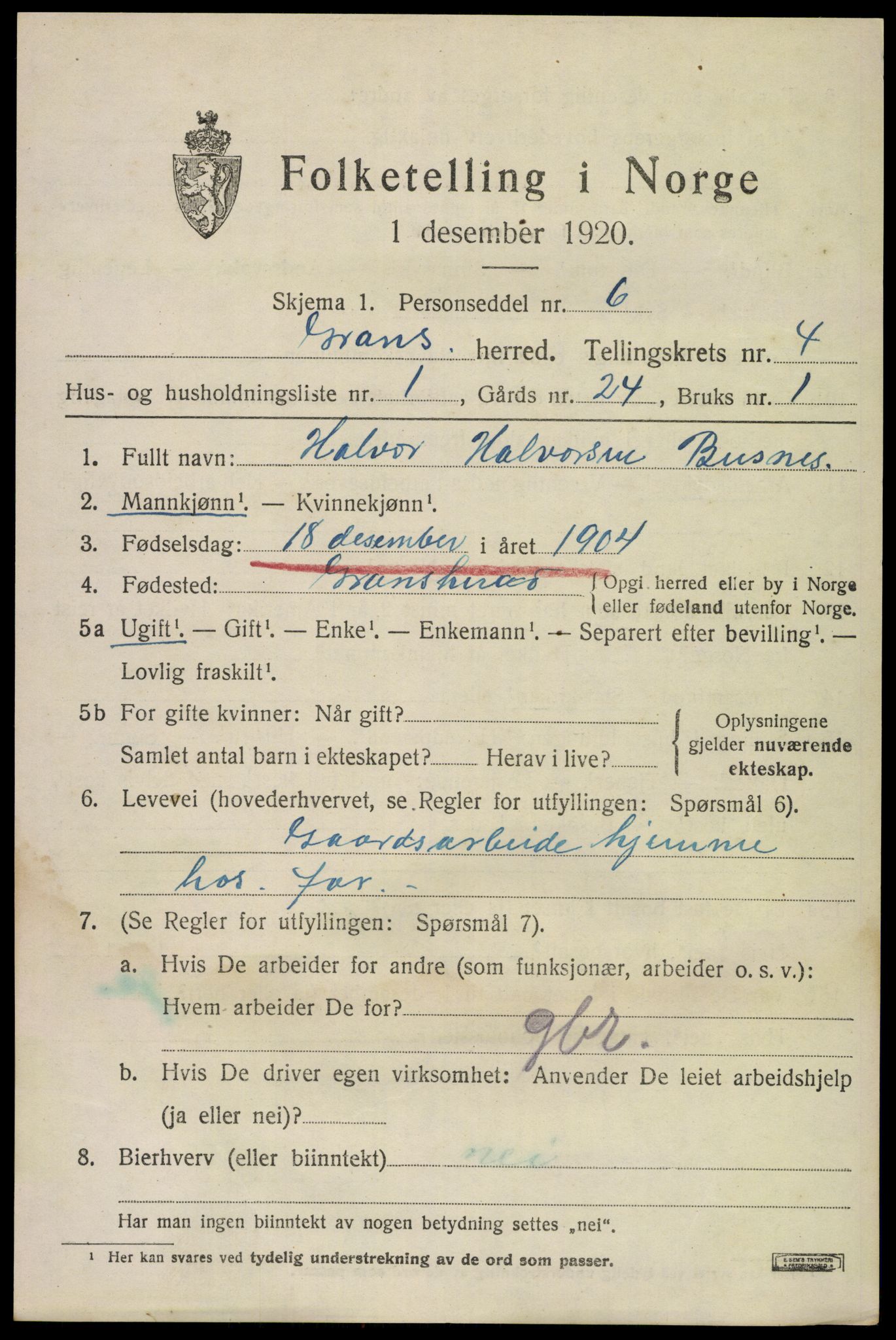 SAKO, 1920 census for Gransherad, 1920, p. 1782