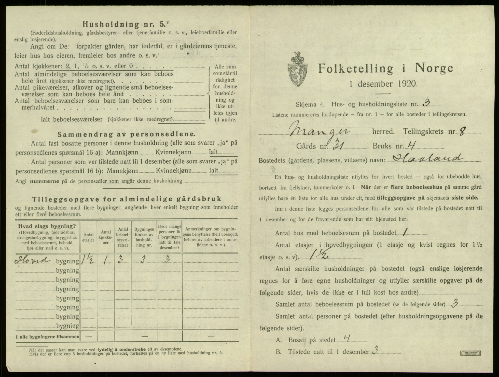 SAB, 1920 census for Manger, 1920, p. 627