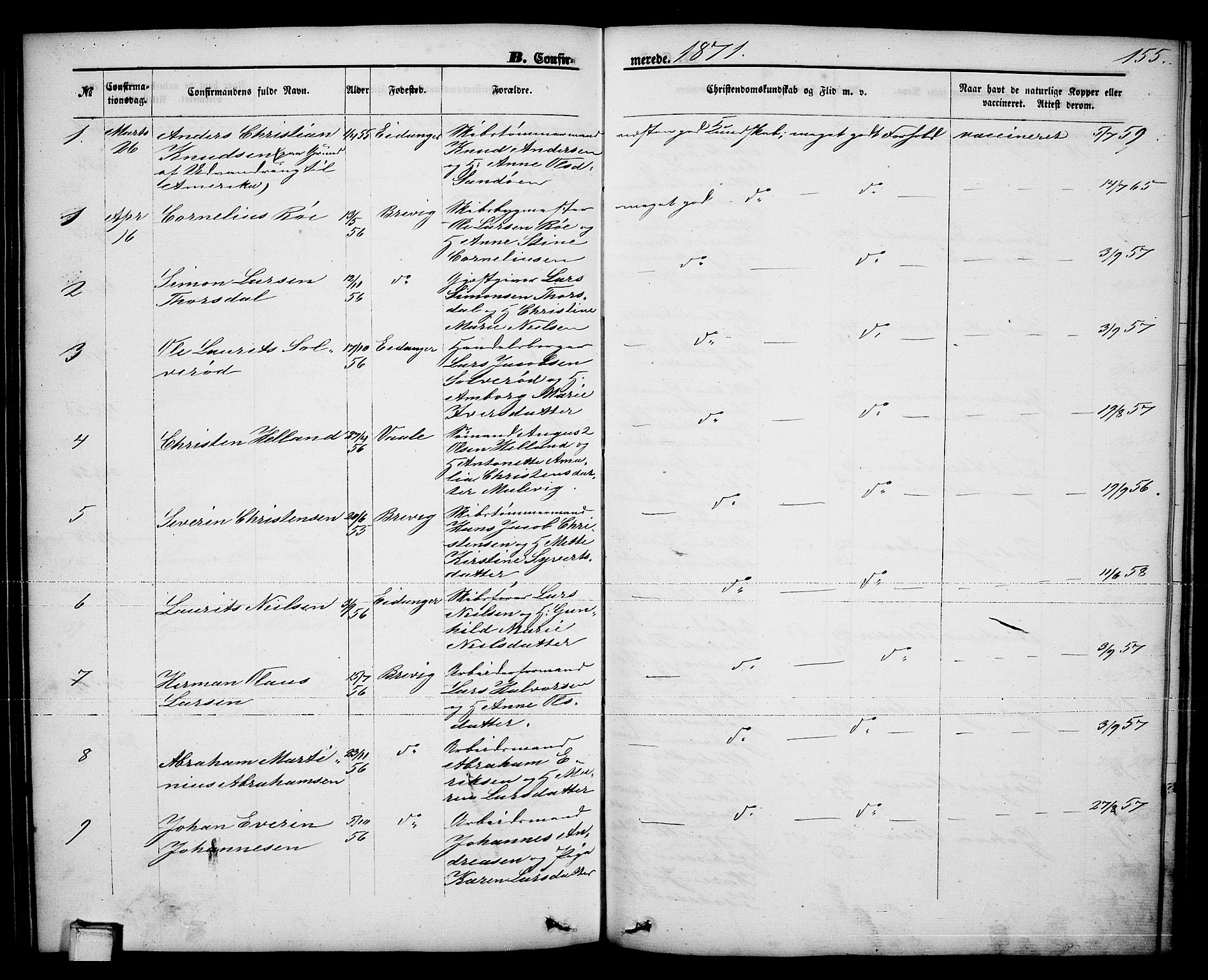 Brevik kirkebøker, AV/SAKO-A-255/G/Ga/L0003: Parish register (copy) no. 3, 1866-1881, p. 155