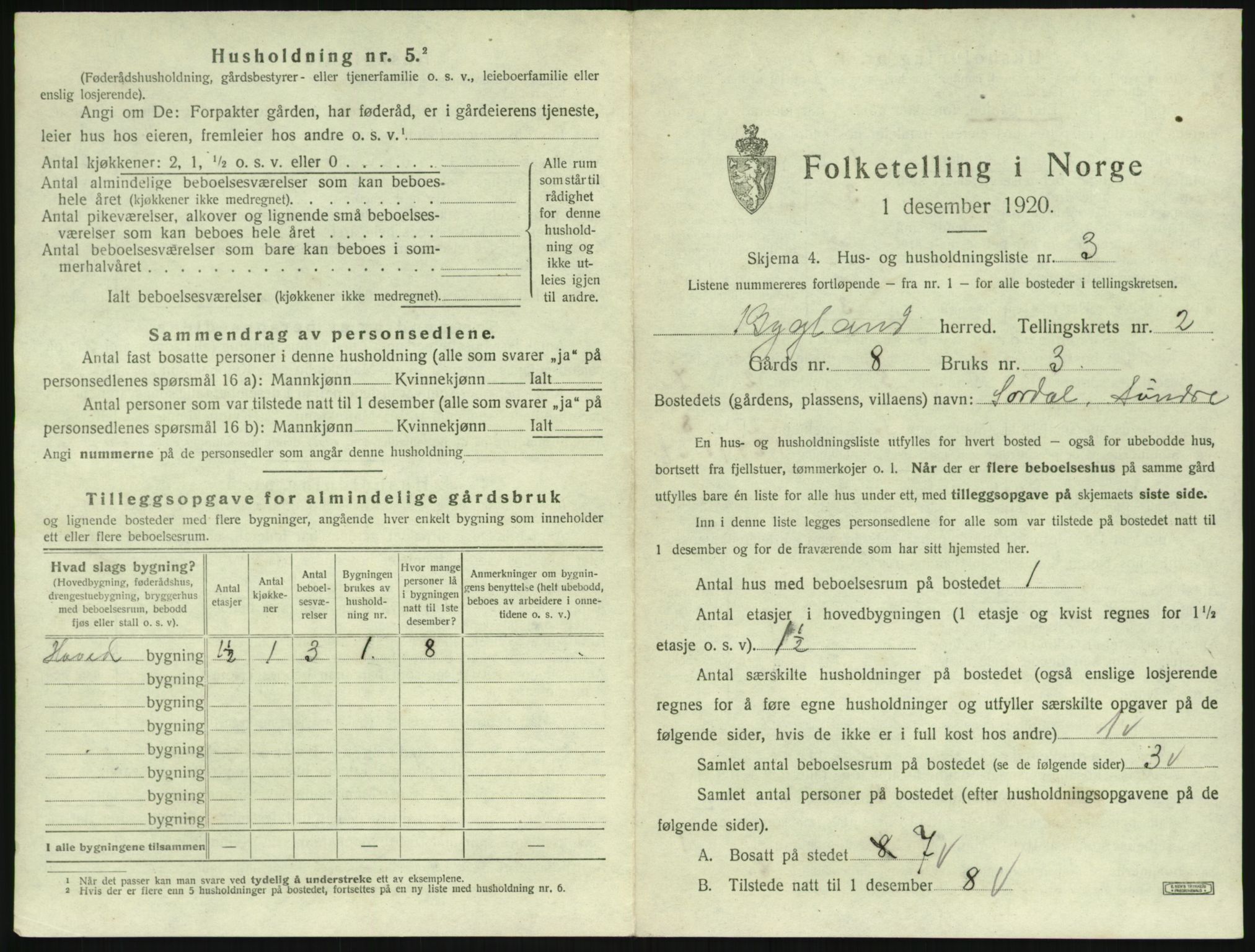 SAK, 1920 census for Bygland, 1920, p. 111