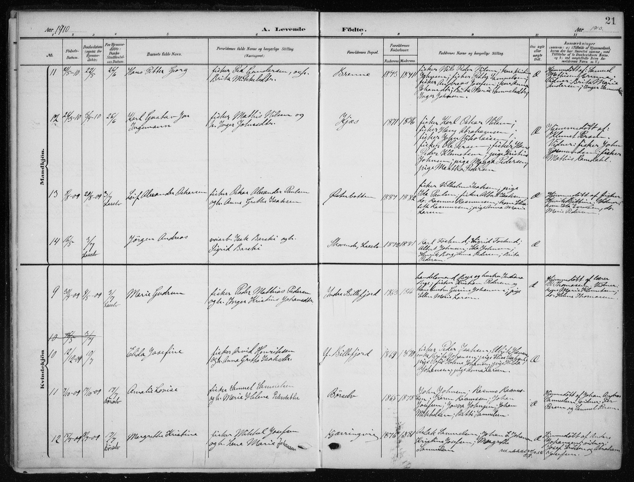 Kistrand/Porsanger sokneprestembete, SATØ/S-1351/H/Ha/L0014.kirke: Parish register (official) no. 14, 1908-1917, p. 21