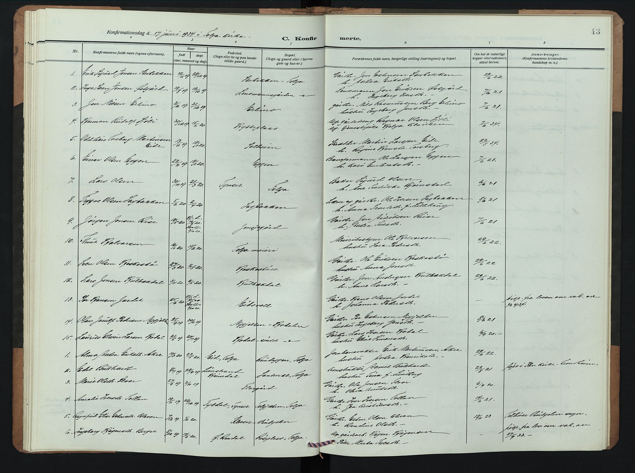 Tolga prestekontor, SAH/PREST-062/L/L0013: Parish register (copy) no. 13, 1908-1948, p. 43