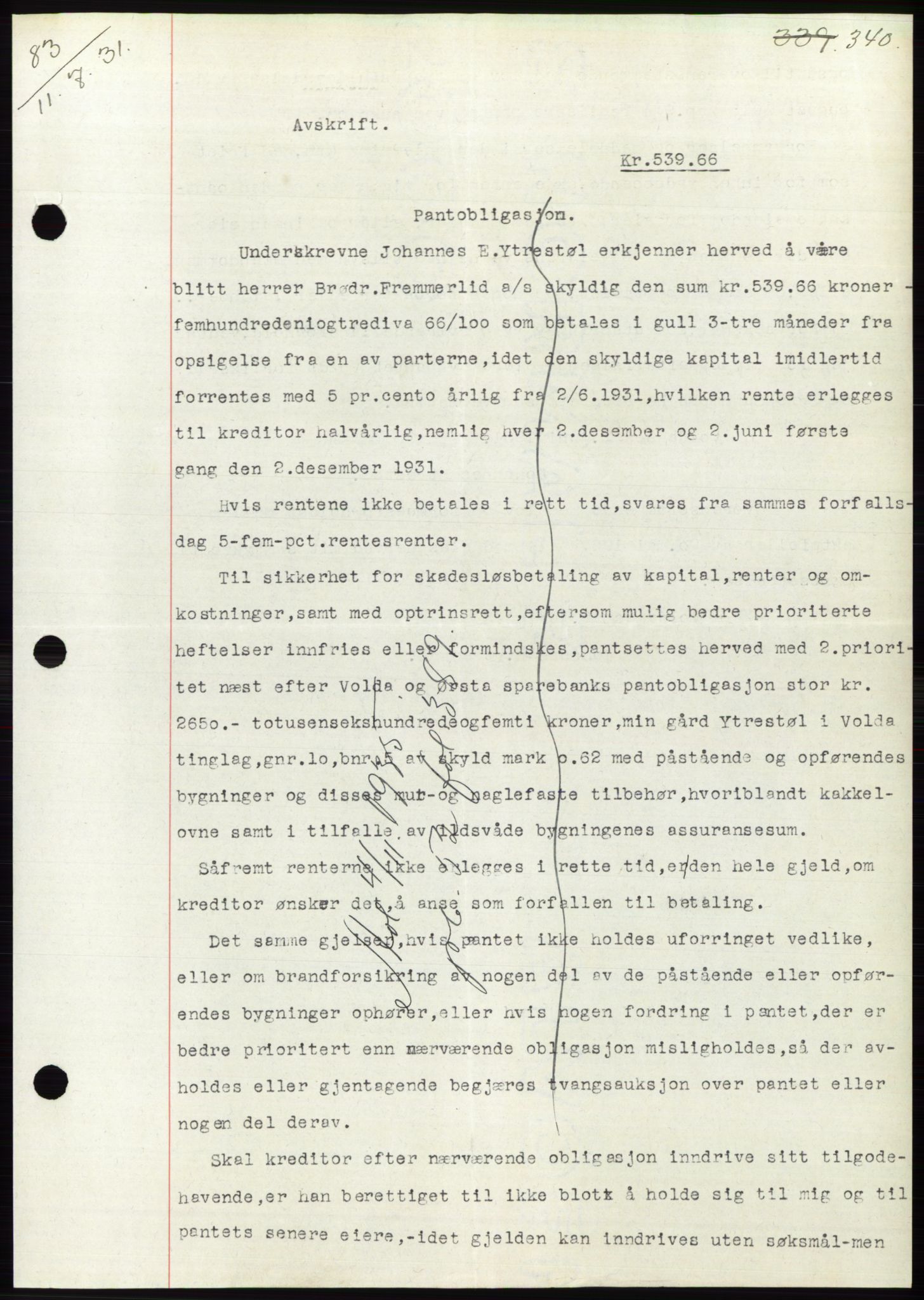 Søre Sunnmøre sorenskriveri, AV/SAT-A-4122/1/2/2C/L0052: Mortgage book no. 46, 1931-1931, Deed date: 11.07.1931