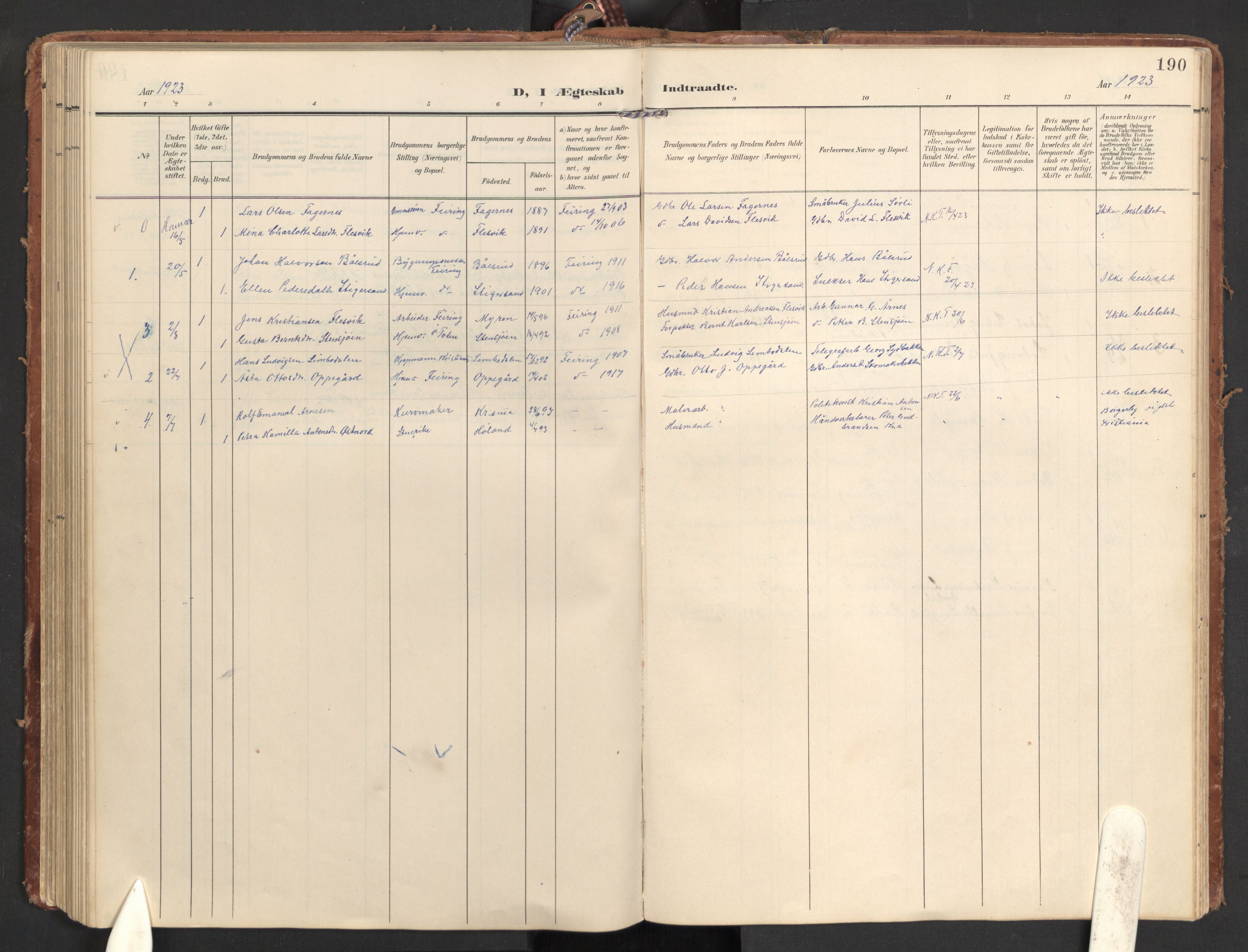 Hurdal prestekontor Kirkebøker, SAO/A-10889/G/Gb/L0001: Parish register (copy) no. II 1, 1902-1939, p. 190