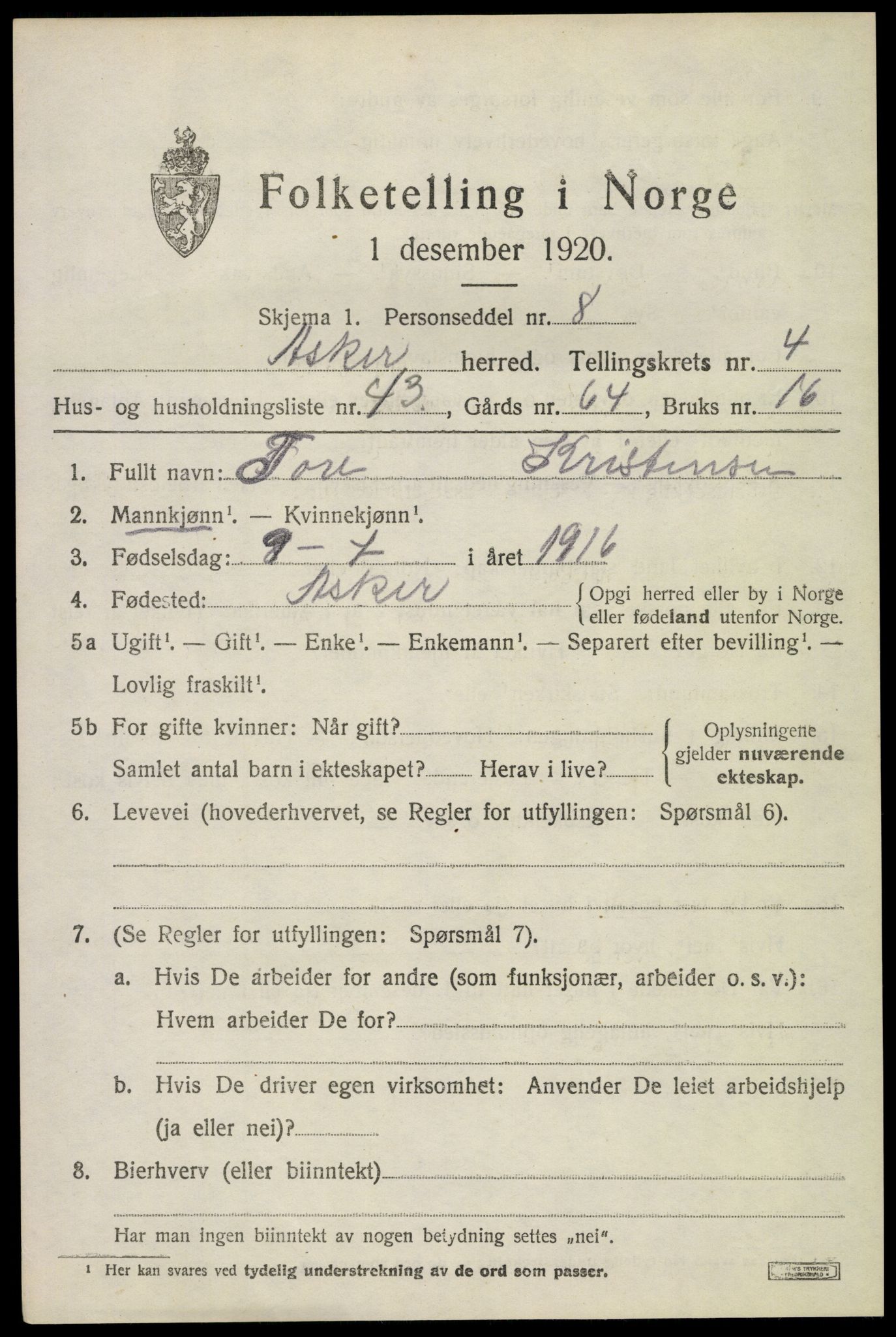 SAO, 1920 census for Asker, 1920, p. 10844