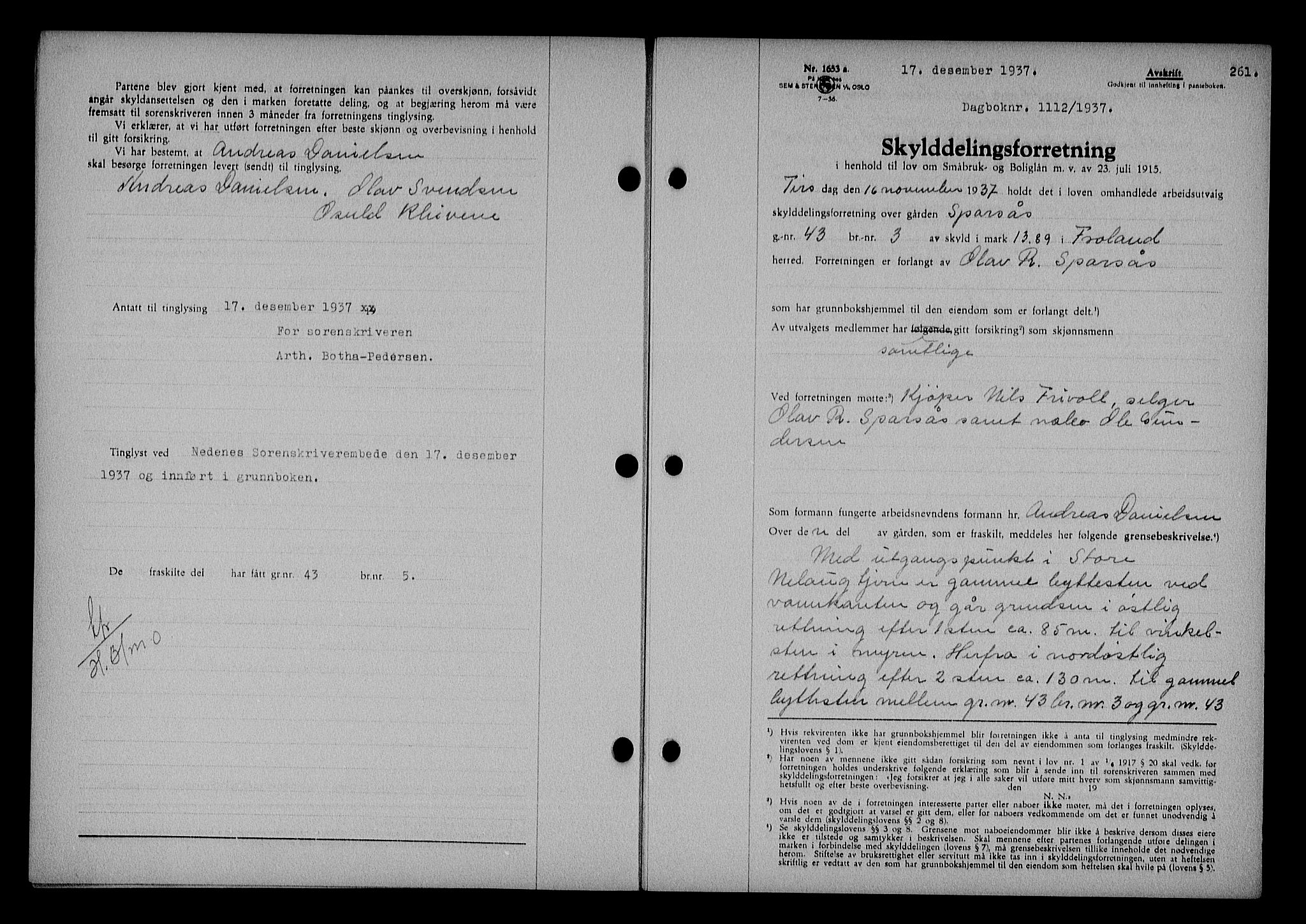 Nedenes sorenskriveri, SAK/1221-0006/G/Gb/Gba/L0044: Mortgage book no. 40, 1937-1938, Diary no: : 1112/1937