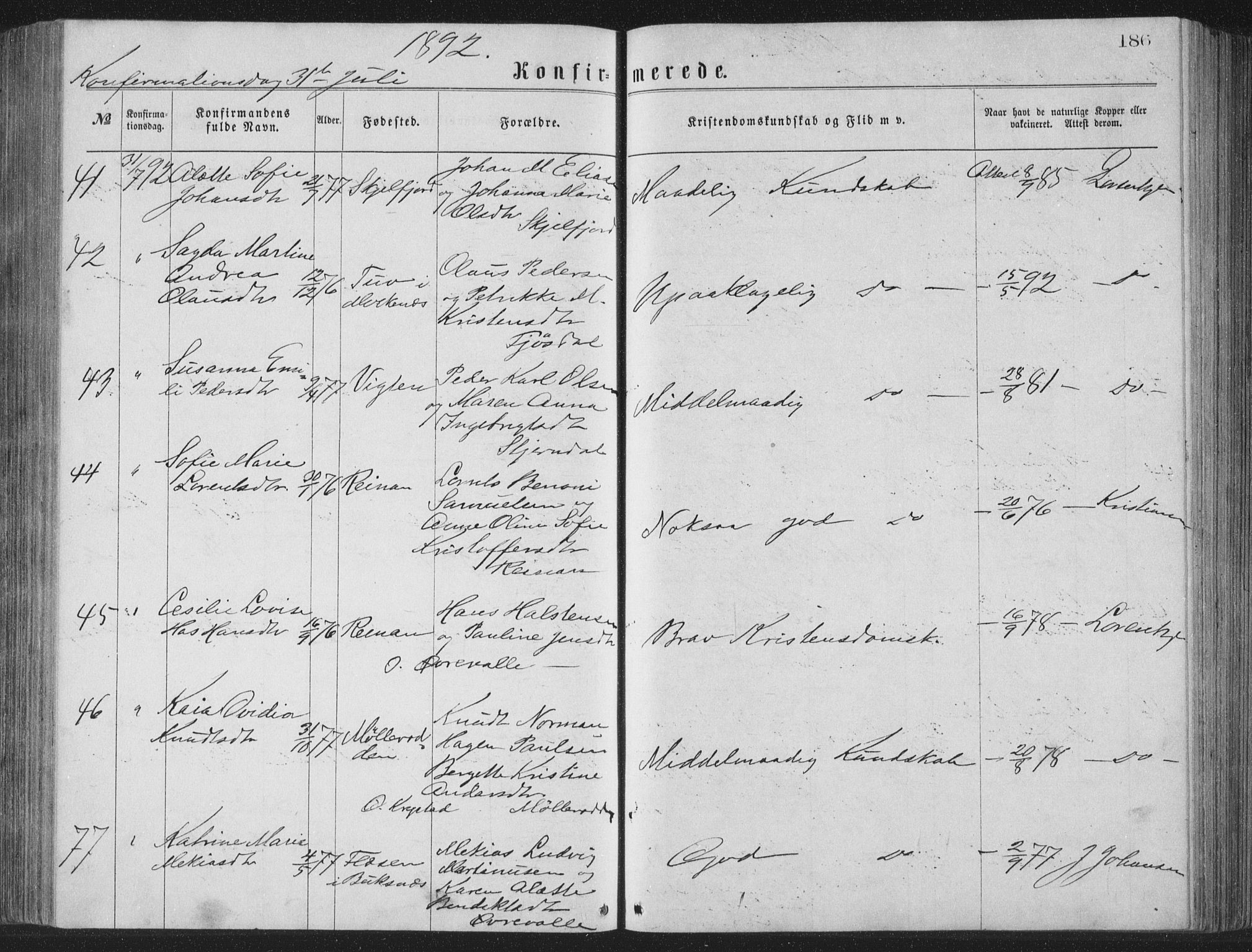 Ministerialprotokoller, klokkerbøker og fødselsregistre - Nordland, AV/SAT-A-1459/885/L1213: Parish register (copy) no. 885C02, 1874-1892, p. 186