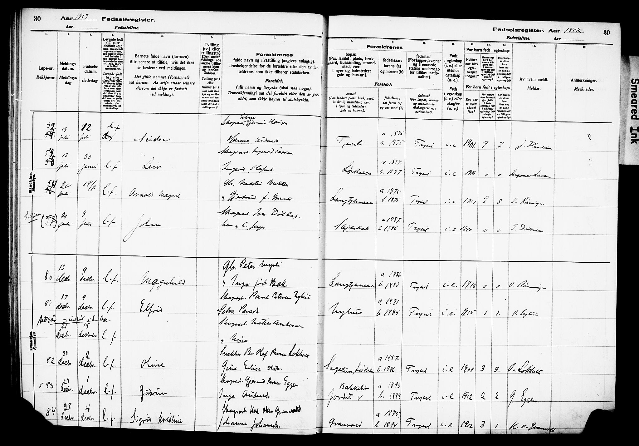 Trysil prestekontor, AV/SAH-PREST-046/I/Id/Ida/L0001: Birth register no. I 1, 1916-1927, p. 30