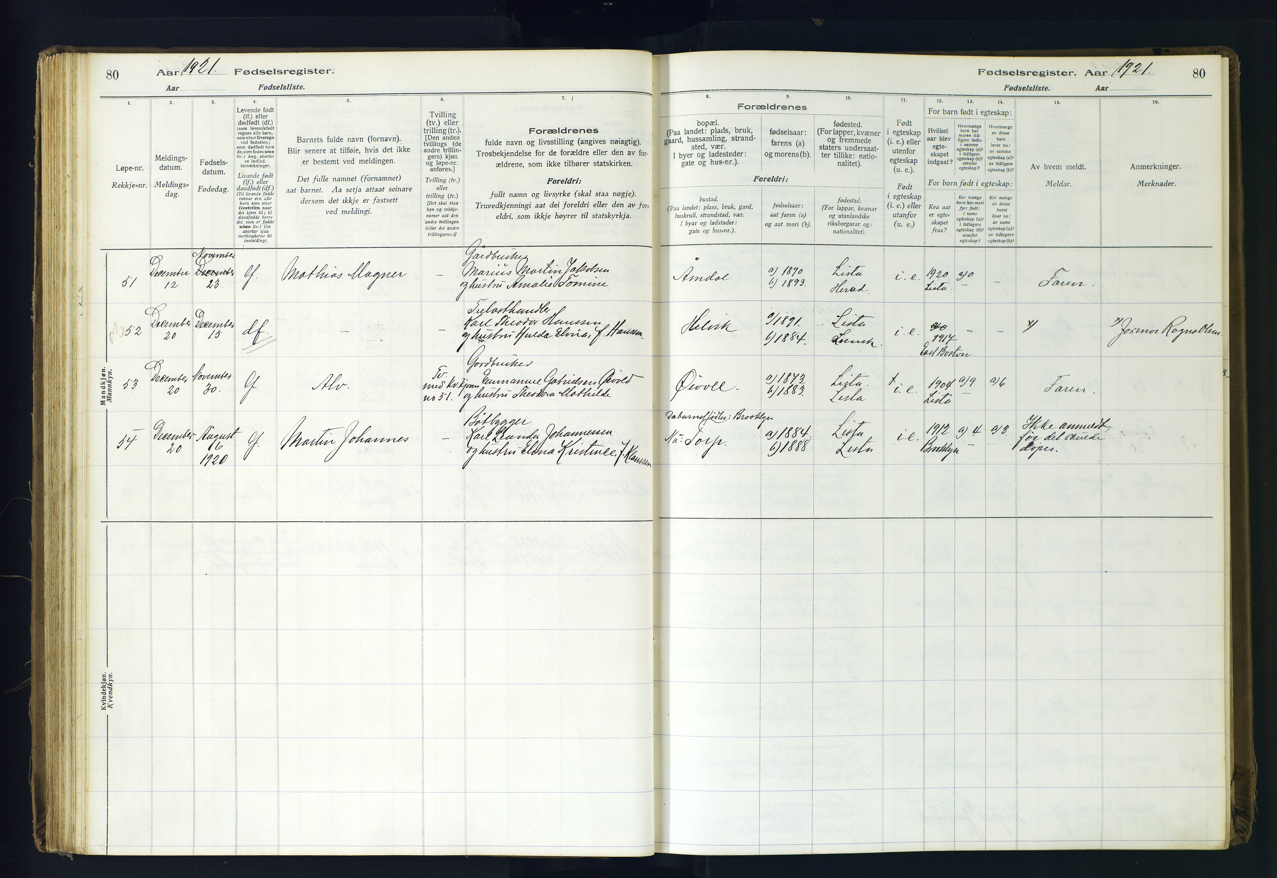 Lista sokneprestkontor, AV/SAK-1111-0027/J/Ja/L0001: Birth register no. A-VI-30, 1916-1934, p. 80