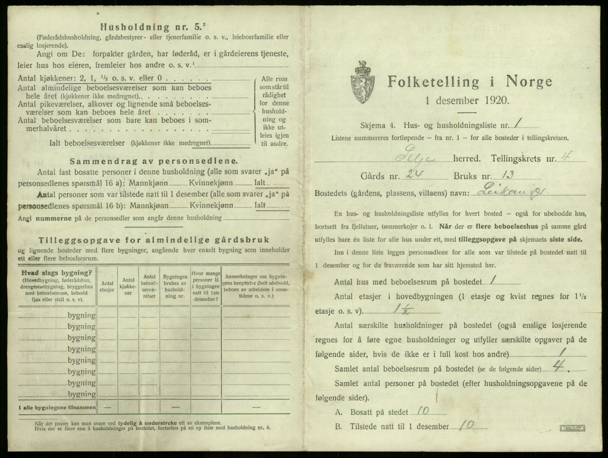 SAB, 1920 census for Selje, 1920, p. 288