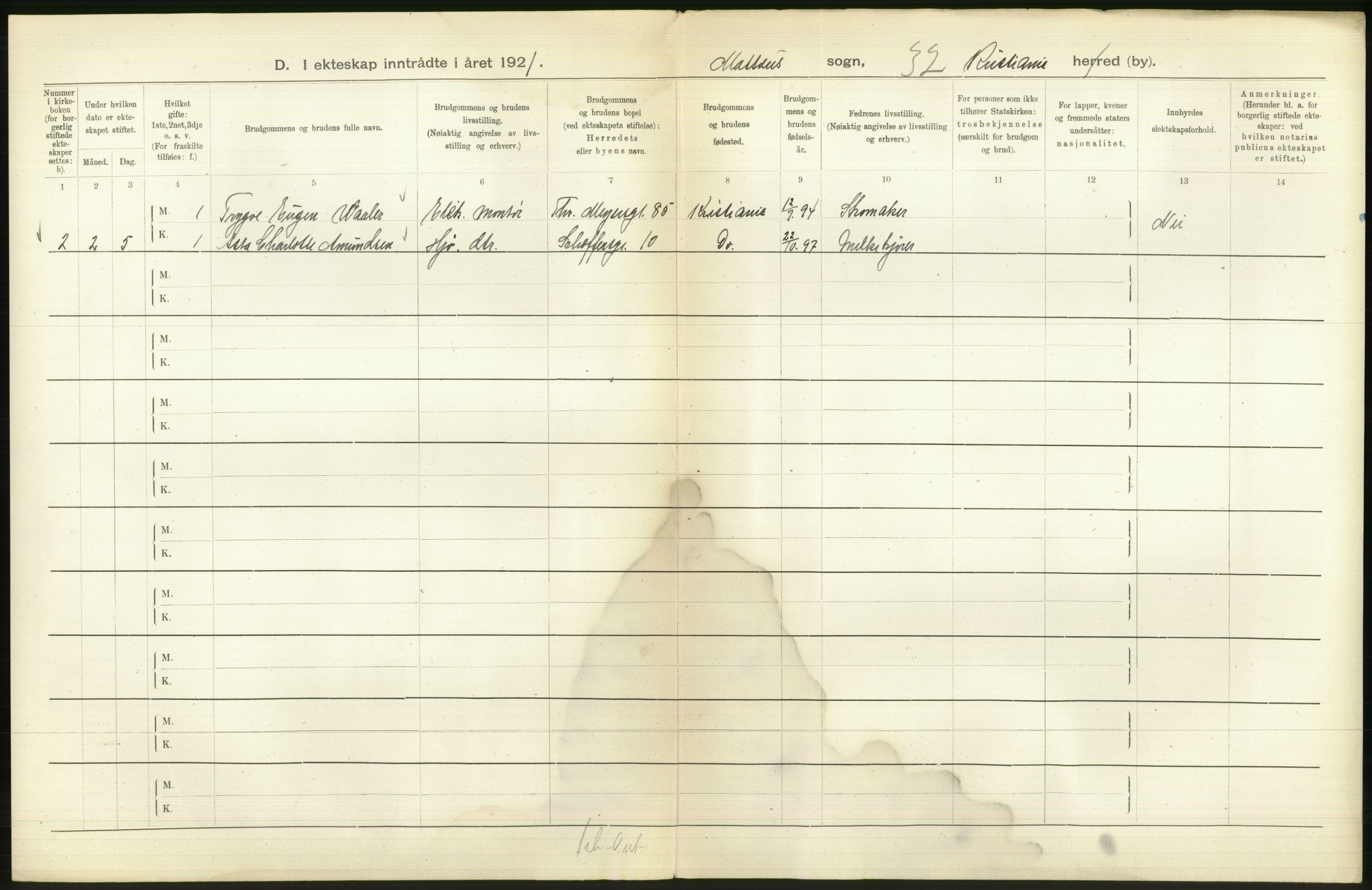 Statistisk sentralbyrå, Sosiodemografiske emner, Befolkning, AV/RA-S-2228/D/Df/Dfc/Dfca/L0011: Kristiania: Gifte, 1921, p. 492