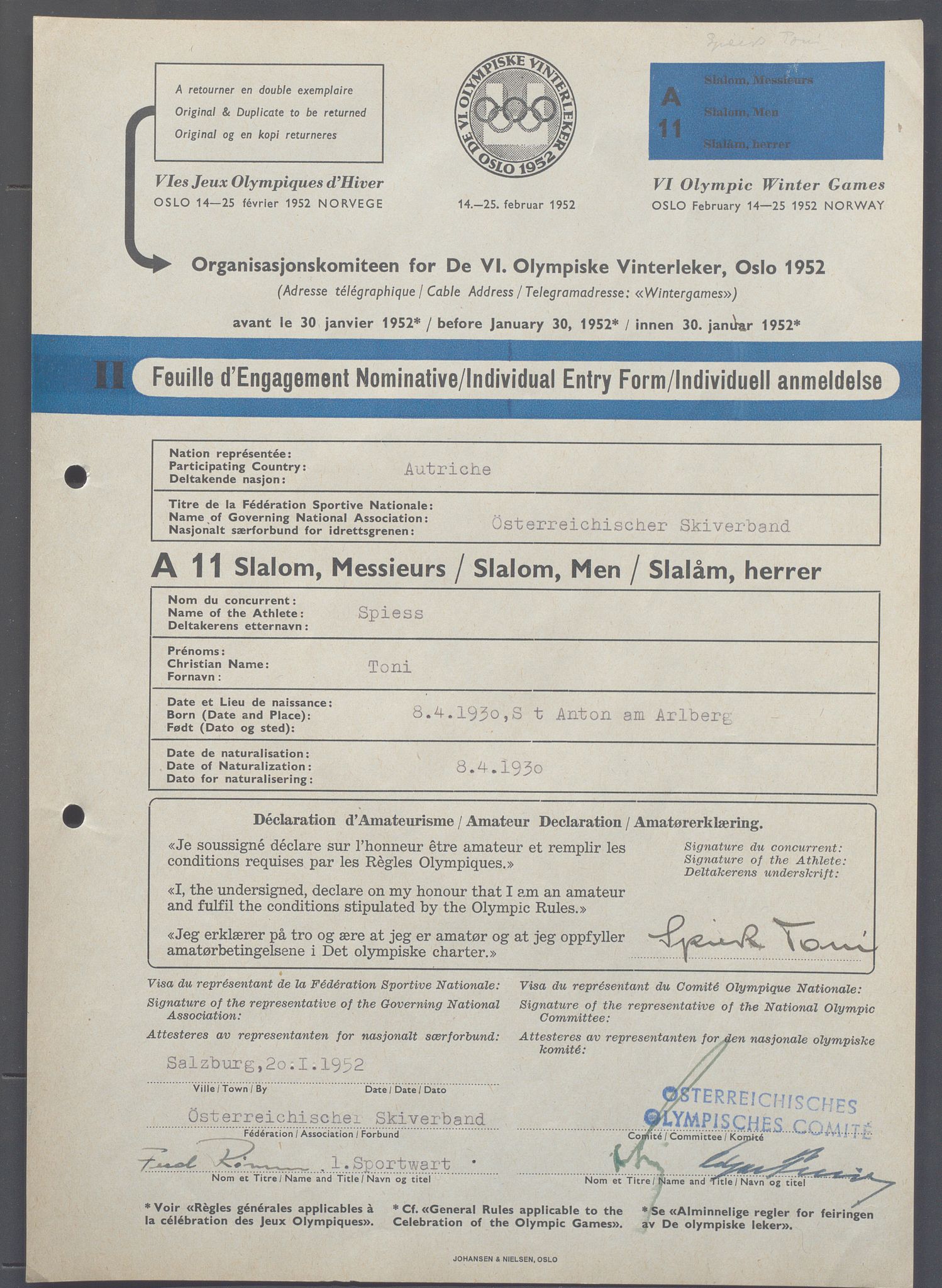 Organisasjonskomiteen for de VI. olympiske vinterleker, OBA/A-20130/H/Ha, 1951-1952, p. 917