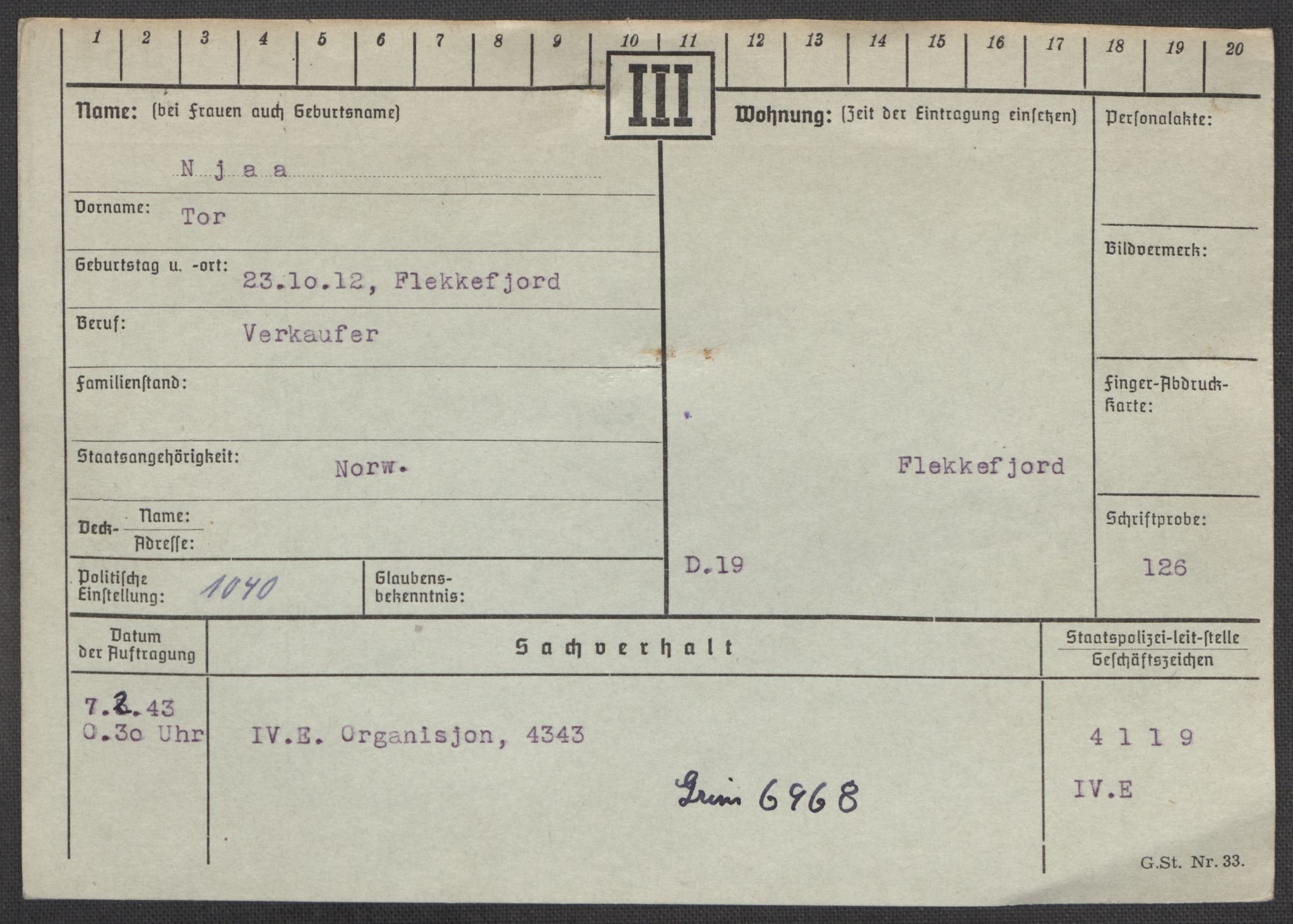 Befehlshaber der Sicherheitspolizei und des SD, AV/RA-RAFA-5969/E/Ea/Eaa/L0007: Register over norske fanger i Møllergata 19: Lundb-N, 1940-1945, p. 1332