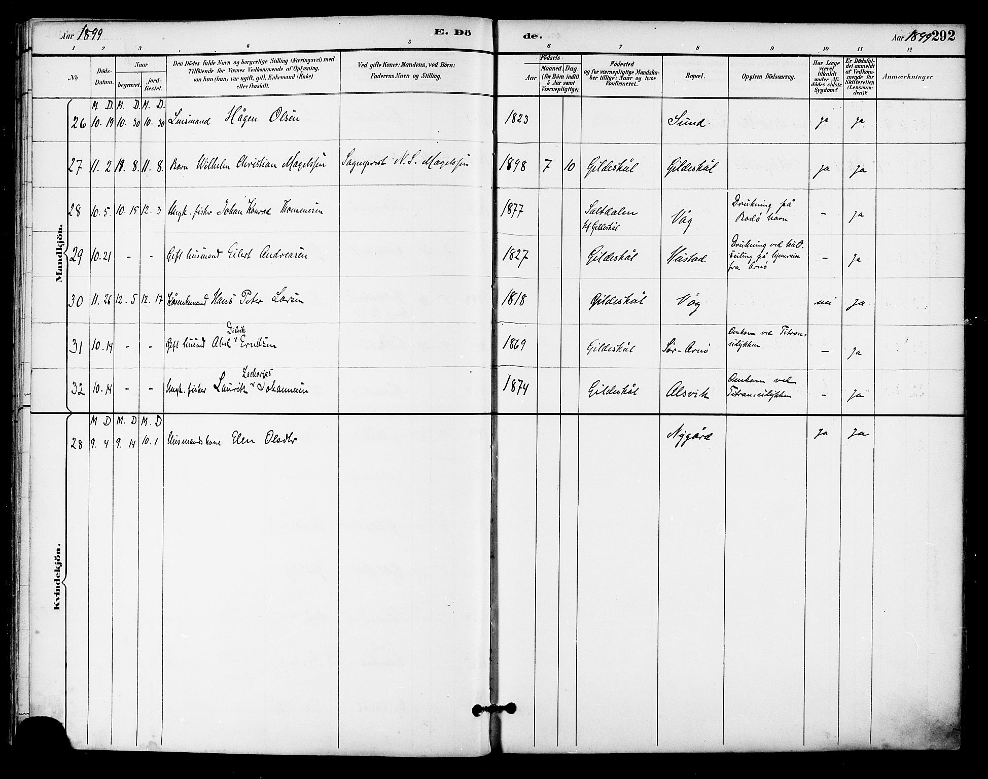 Ministerialprotokoller, klokkerbøker og fødselsregistre - Nordland, AV/SAT-A-1459/805/L0101: Parish register (official) no. 805A07, 1892-1899, p. 292