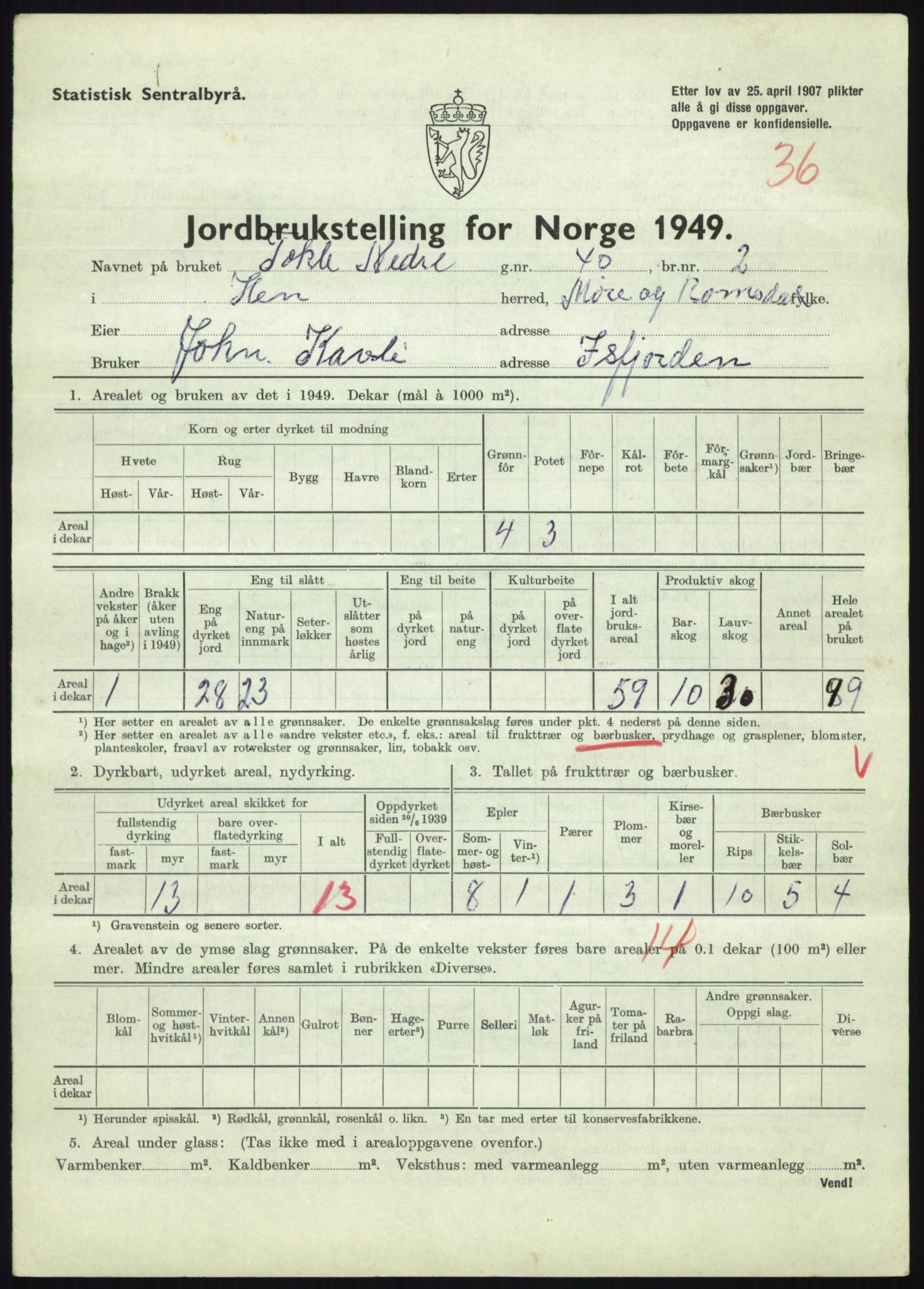 Statistisk sentralbyrå, Næringsøkonomiske emner, Jordbruk, skogbruk, jakt, fiske og fangst, AV/RA-S-2234/G/Gc/L0323: Møre og Romsdal: Grytten og Hen, 1949, p. 769