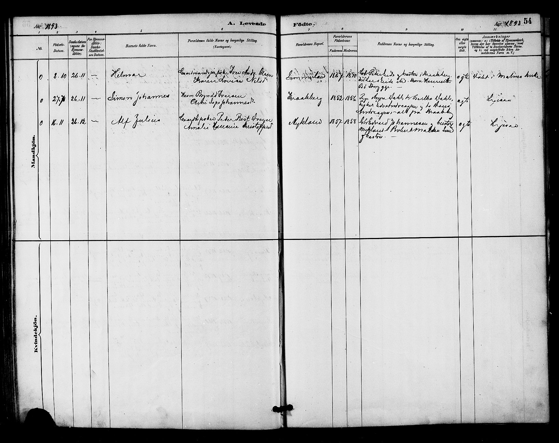 Ministerialprotokoller, klokkerbøker og fødselsregistre - Nordland, AV/SAT-A-1459/893/L1337: Parish register (official) no. 893A09, 1885-1893, p. 54