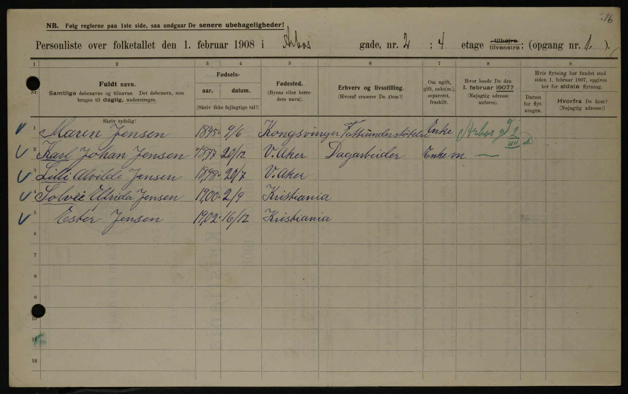 OBA, Municipal Census 1908 for Kristiania, 1908, p. 2023
