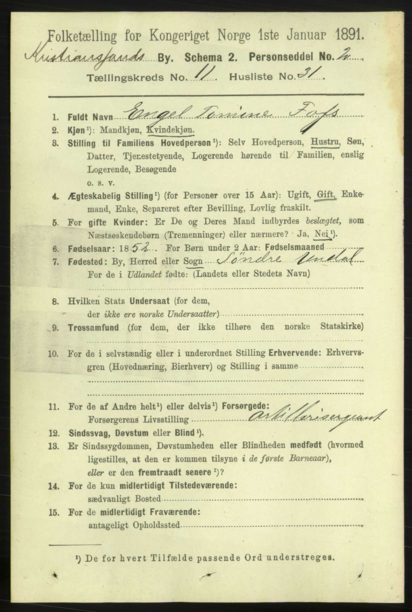 RA, 1891 census for 1001 Kristiansand, 1891, p. 5838