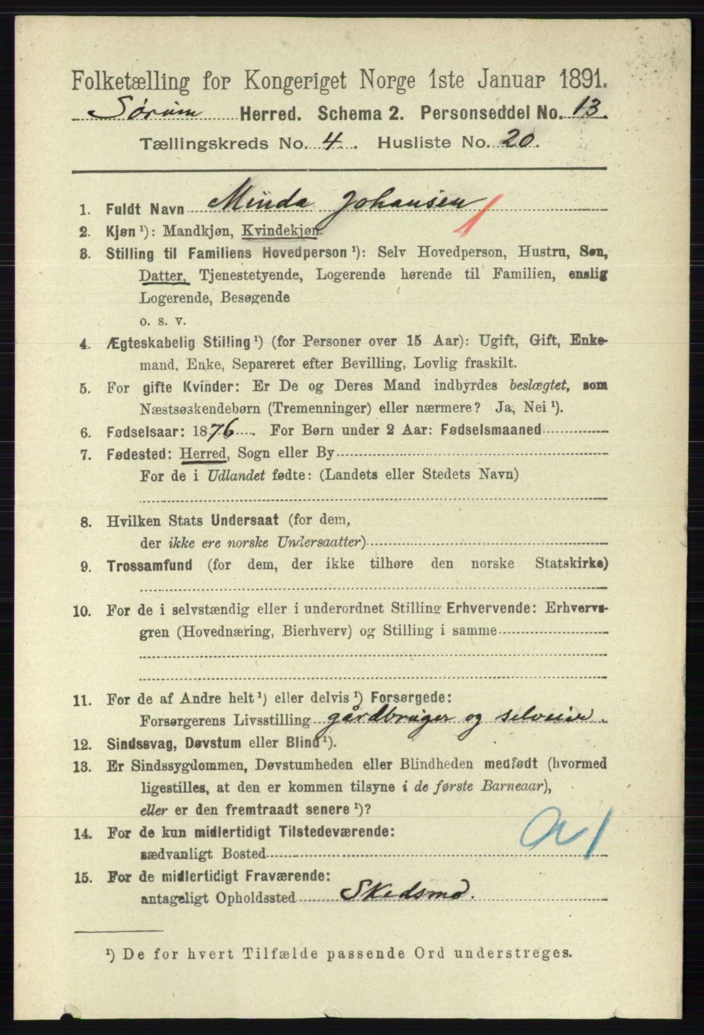 RA, 1891 census for 0226 Sørum, 1891, p. 2018
