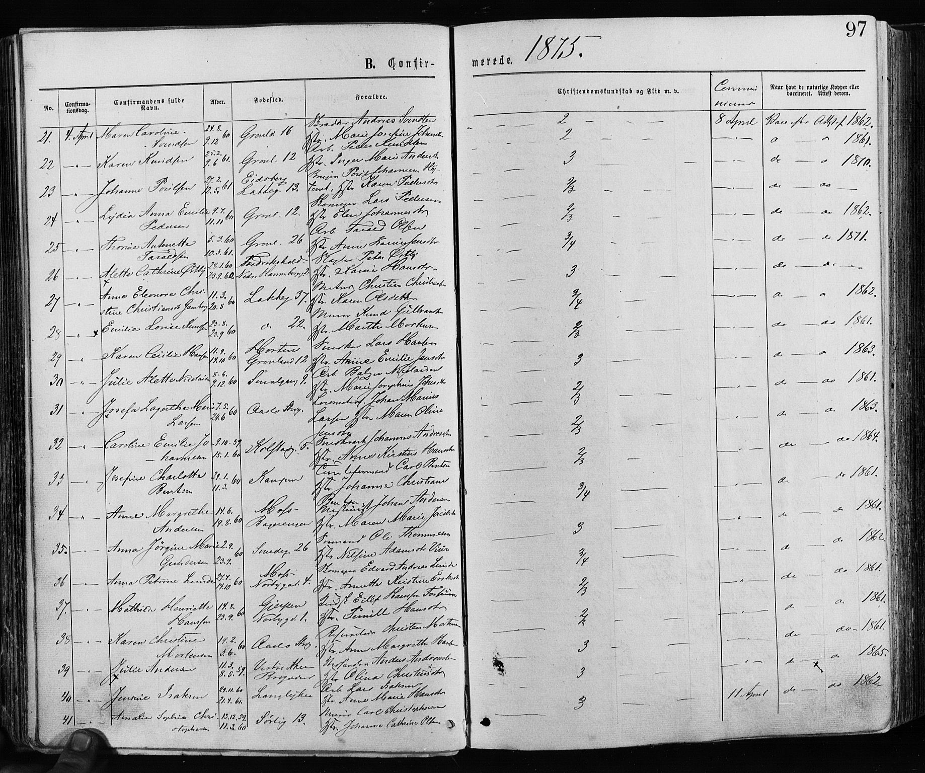 Grønland prestekontor Kirkebøker, AV/SAO-A-10848/F/Fa/L0005: Parish register (official) no. 5, 1869-1880, p. 97