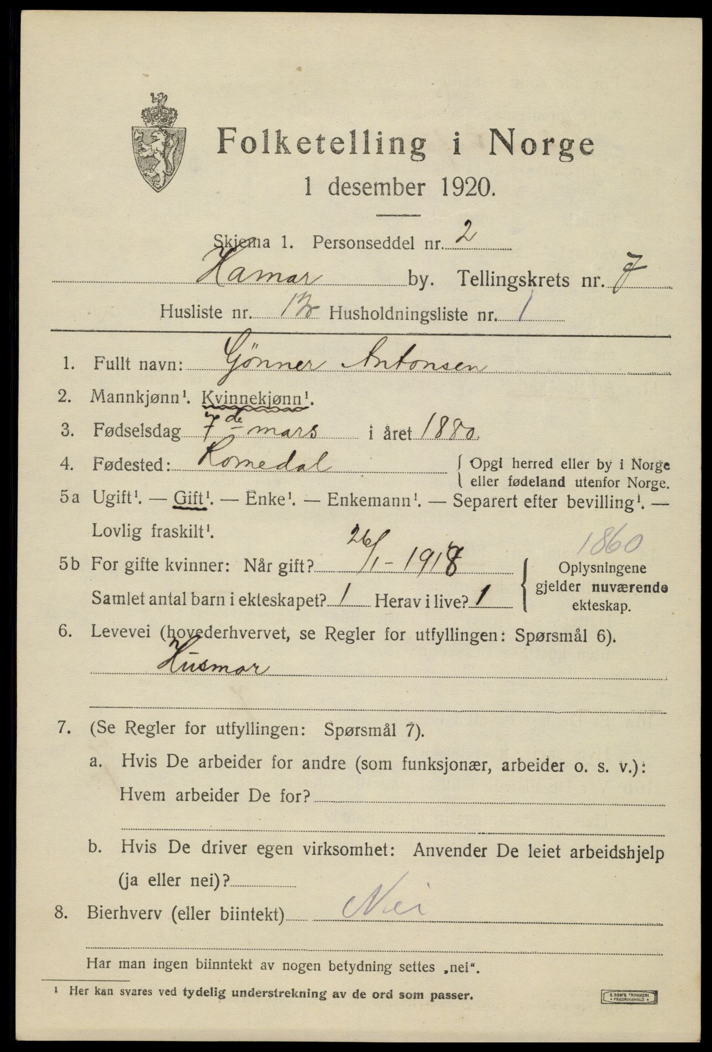 SAH, 1920 census for Hamar, 1920, p. 12997