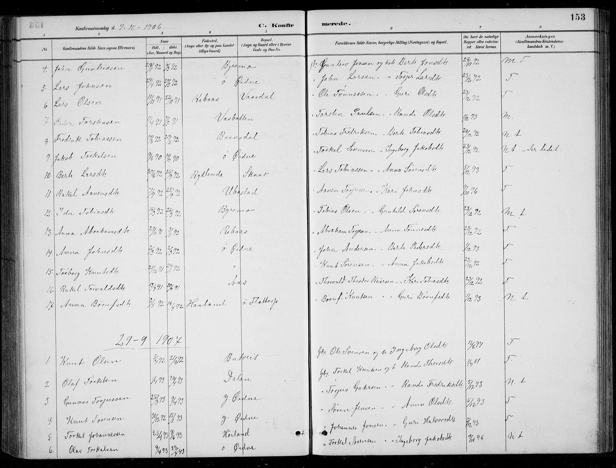 Bjelland sokneprestkontor, SAK/1111-0005/F/Fb/Fbc/L0003: Parish register (copy) no. B 3, 1887-1924, p. 153