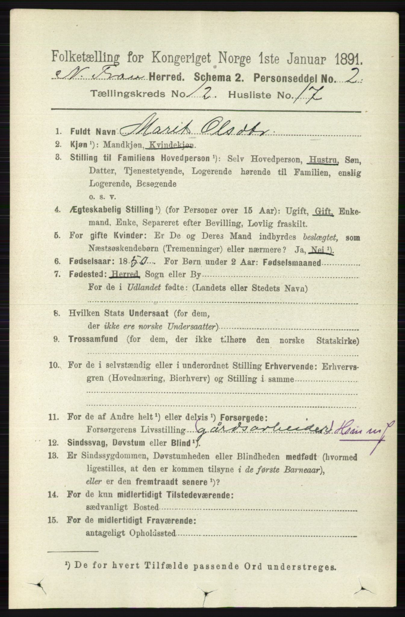 RA, 1891 census for 0518 Nord-Fron, 1891, p. 5185