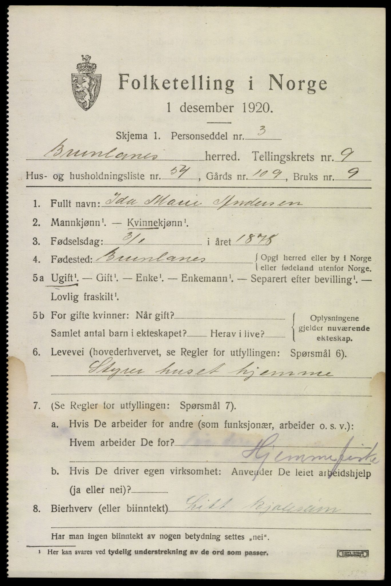 SAKO, 1920 census for Brunlanes, 1920, p. 8363