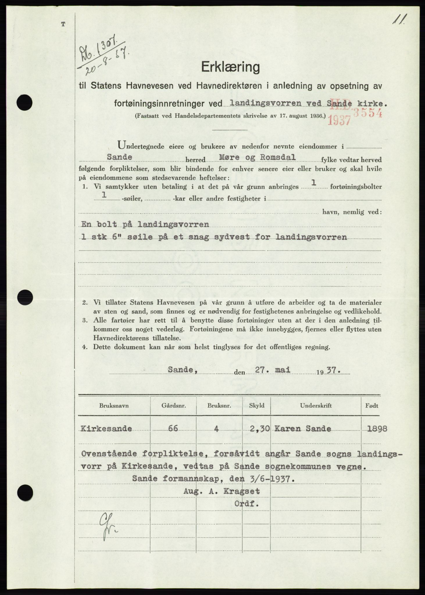 Søre Sunnmøre sorenskriveri, AV/SAT-A-4122/1/2/2C/L0064: Mortgage book no. 58, 1937-1938, Diary no: : 1307/1937