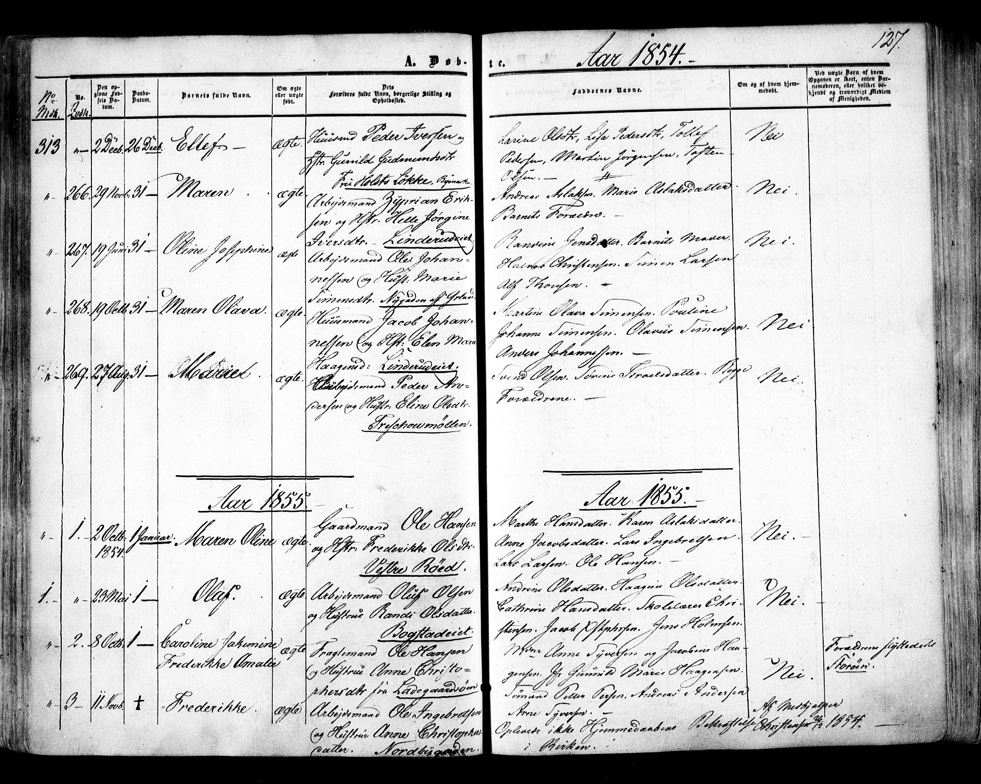 Aker prestekontor kirkebøker, SAO/A-10861/F/L0020: Parish register (official) no. 20, 1853-1857, p. 127