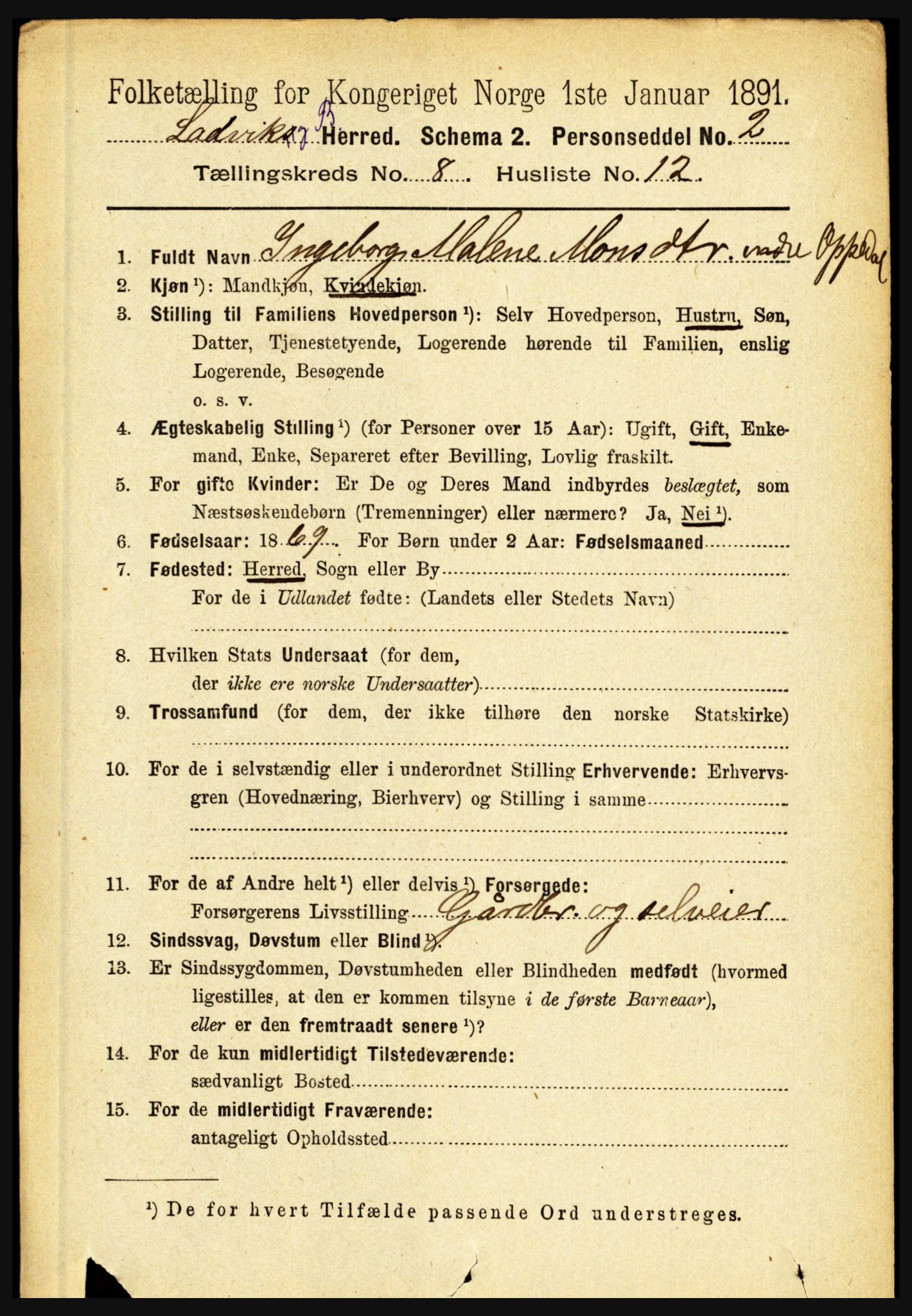 RA, 1891 census for 1415 Lavik og Brekke, 1891, p. 1608