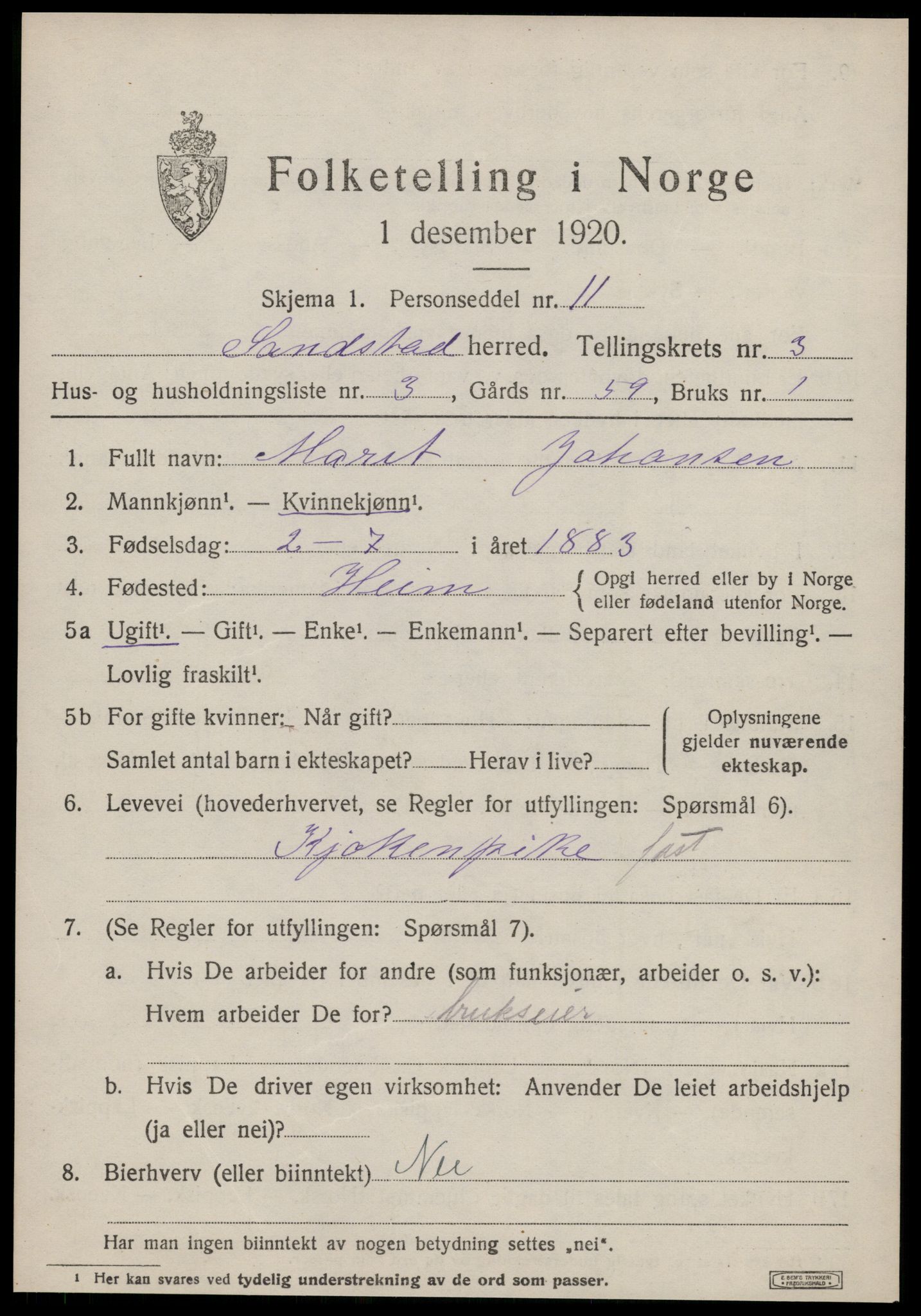 SAT, 1920 census for Sandstad, 1920, p. 1651