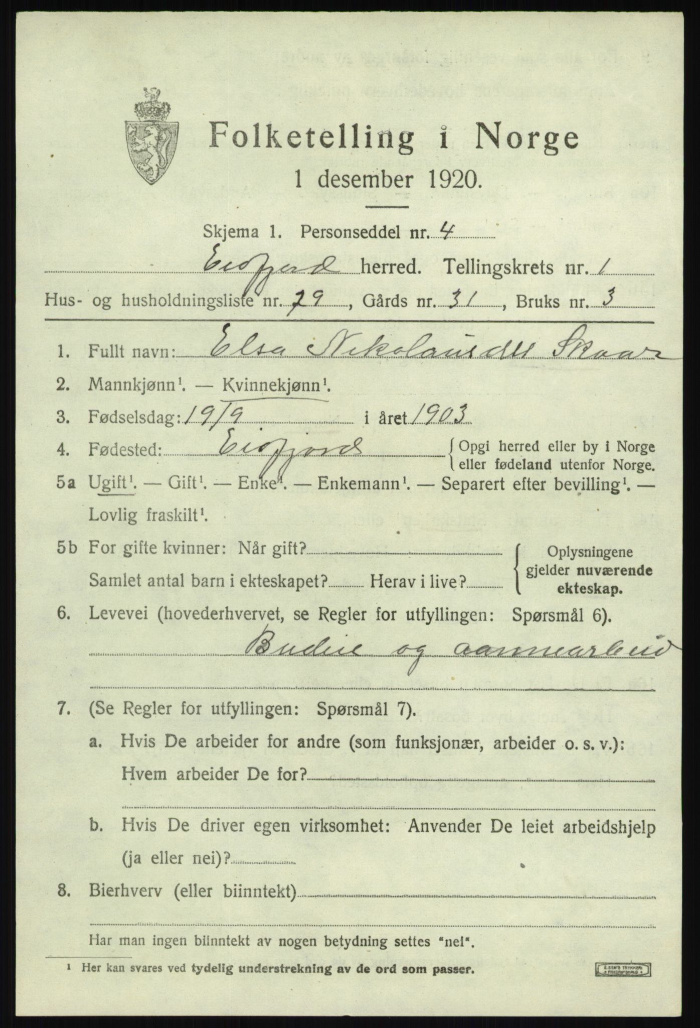 SAB, 1920 census for Eidfjord, 1920, p. 736