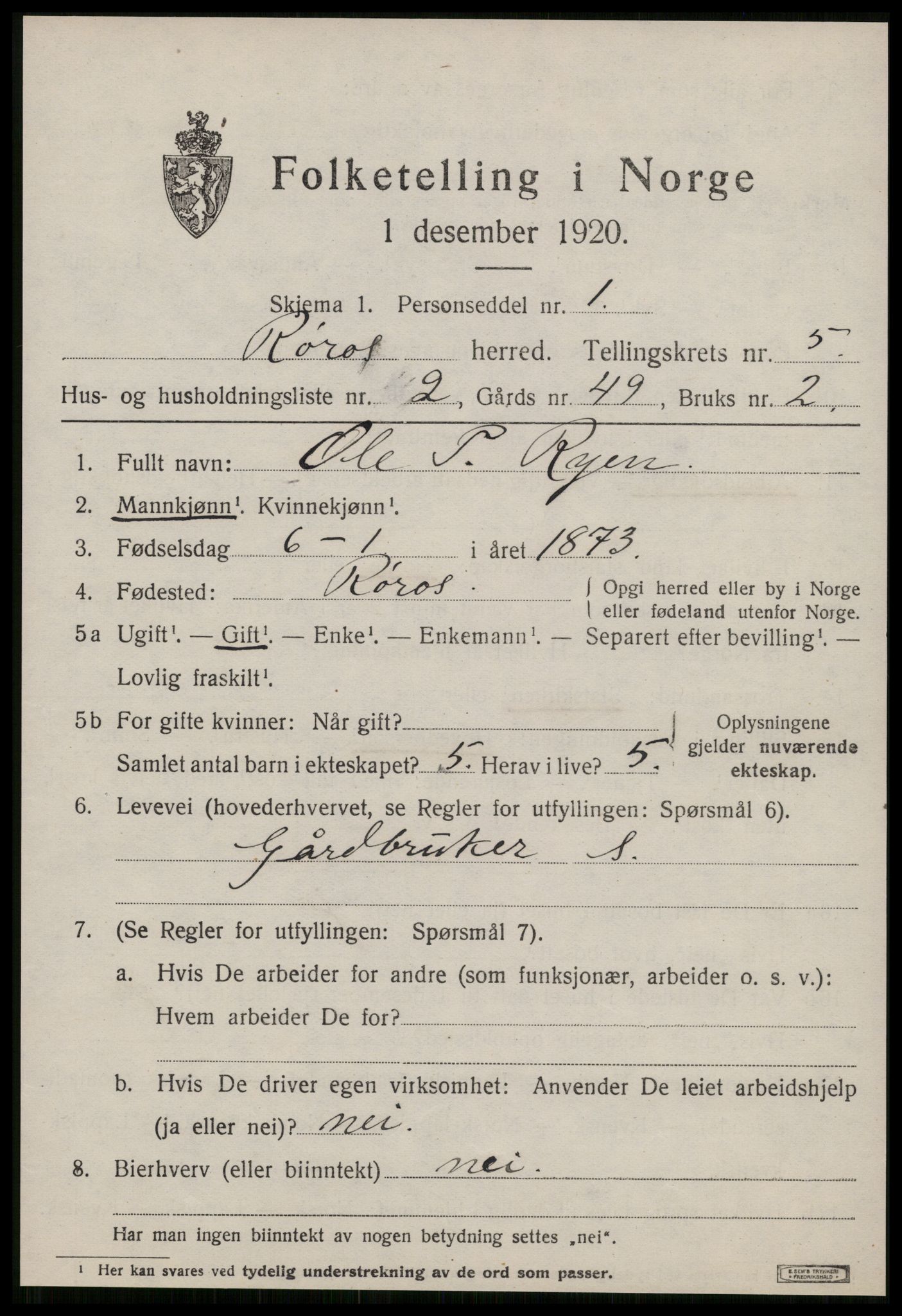 SAT, 1920 census for Røros, 1920, p. 5562