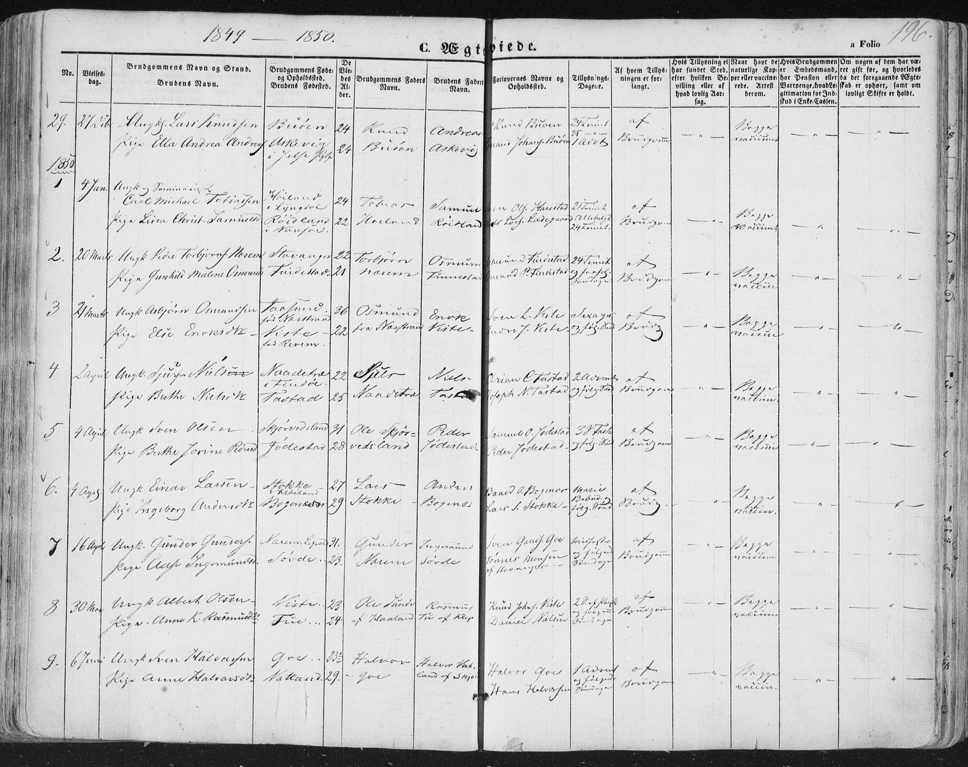 Hetland sokneprestkontor, AV/SAST-A-101826/30/30BA/L0002: Parish register (official) no. A 2, 1849-1869, p. 196