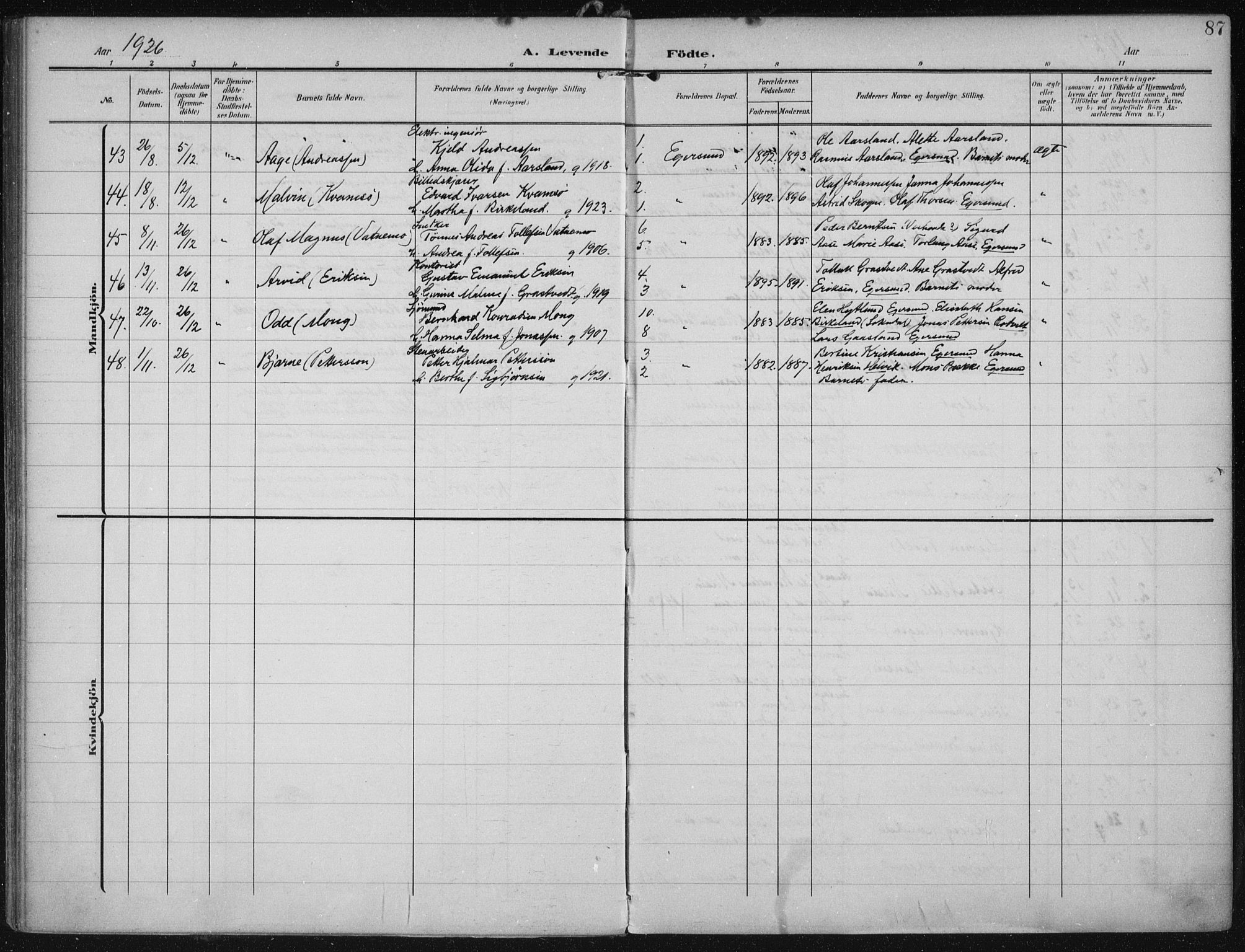 Eigersund sokneprestkontor, AV/SAST-A-101807/S08/L0022: Parish register (official) no. A 21, 1905-1928, p. 87