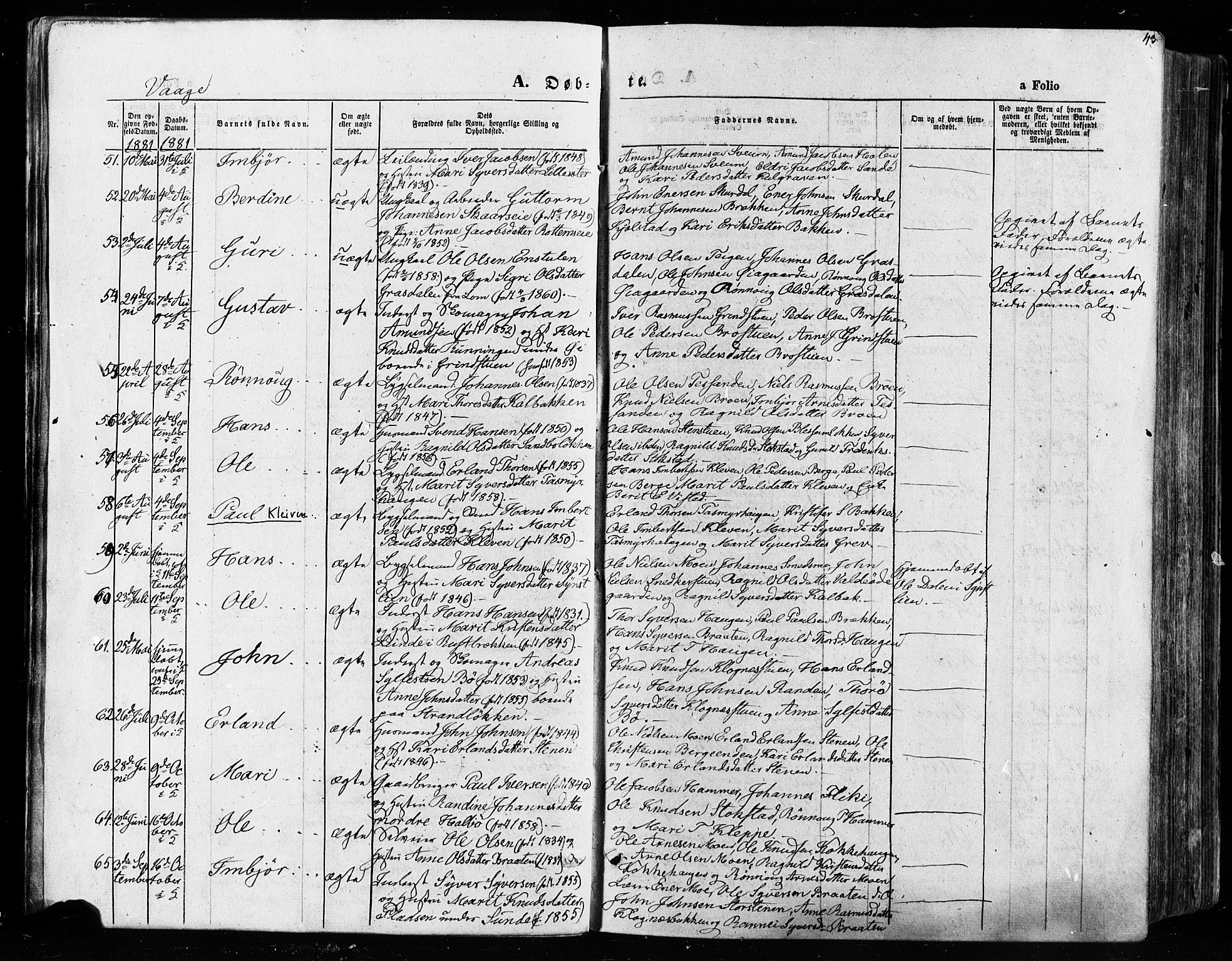 Vågå prestekontor, AV/SAH-PREST-076/H/Ha/Haa/L0007: Parish register (official) no. 7 /1, 1872-1886, p. 43