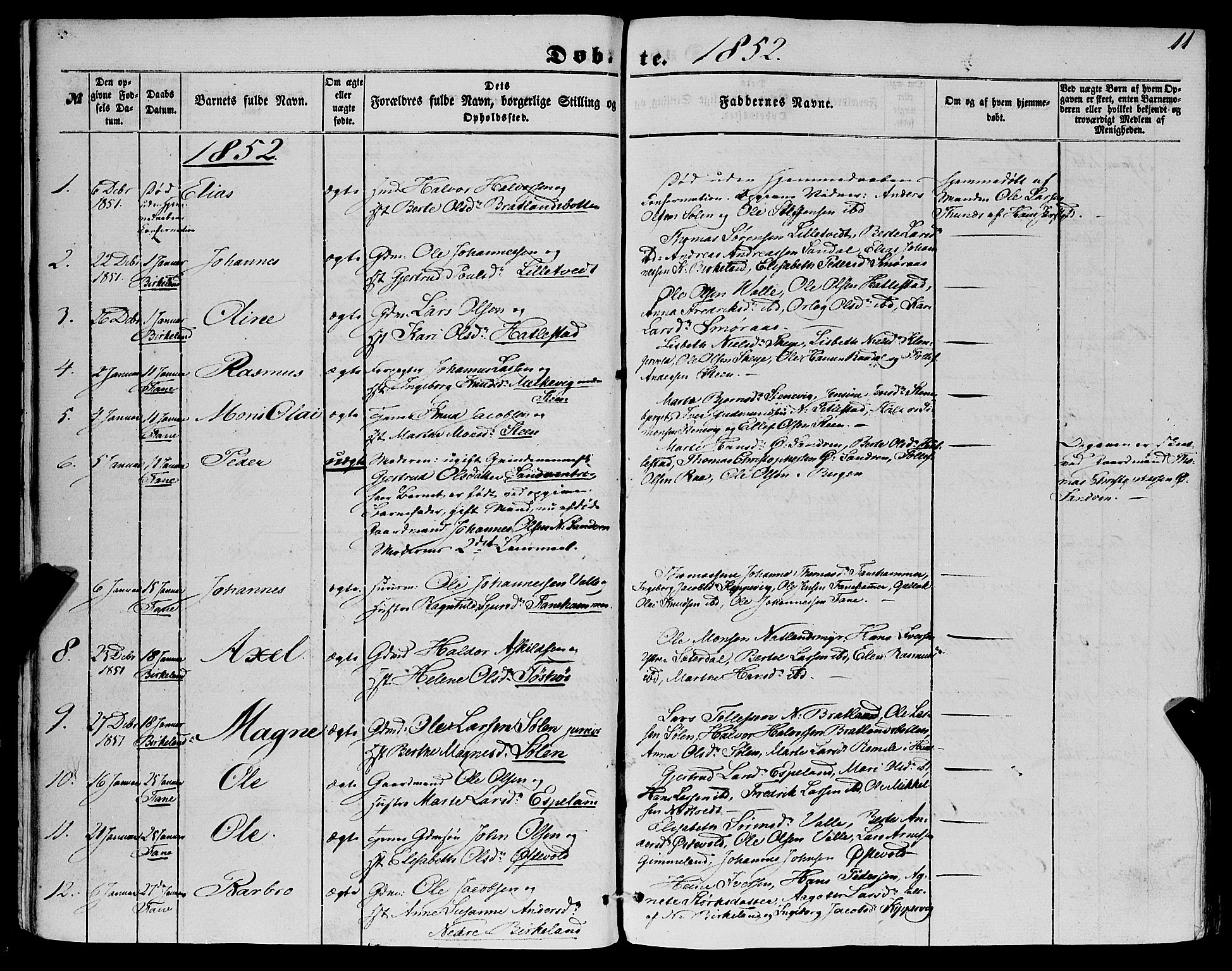 Fana Sokneprestembete, AV/SAB-A-75101/H/Haa/Haaa/L0011: Parish register (official) no. A 11, 1851-1862, p. 11