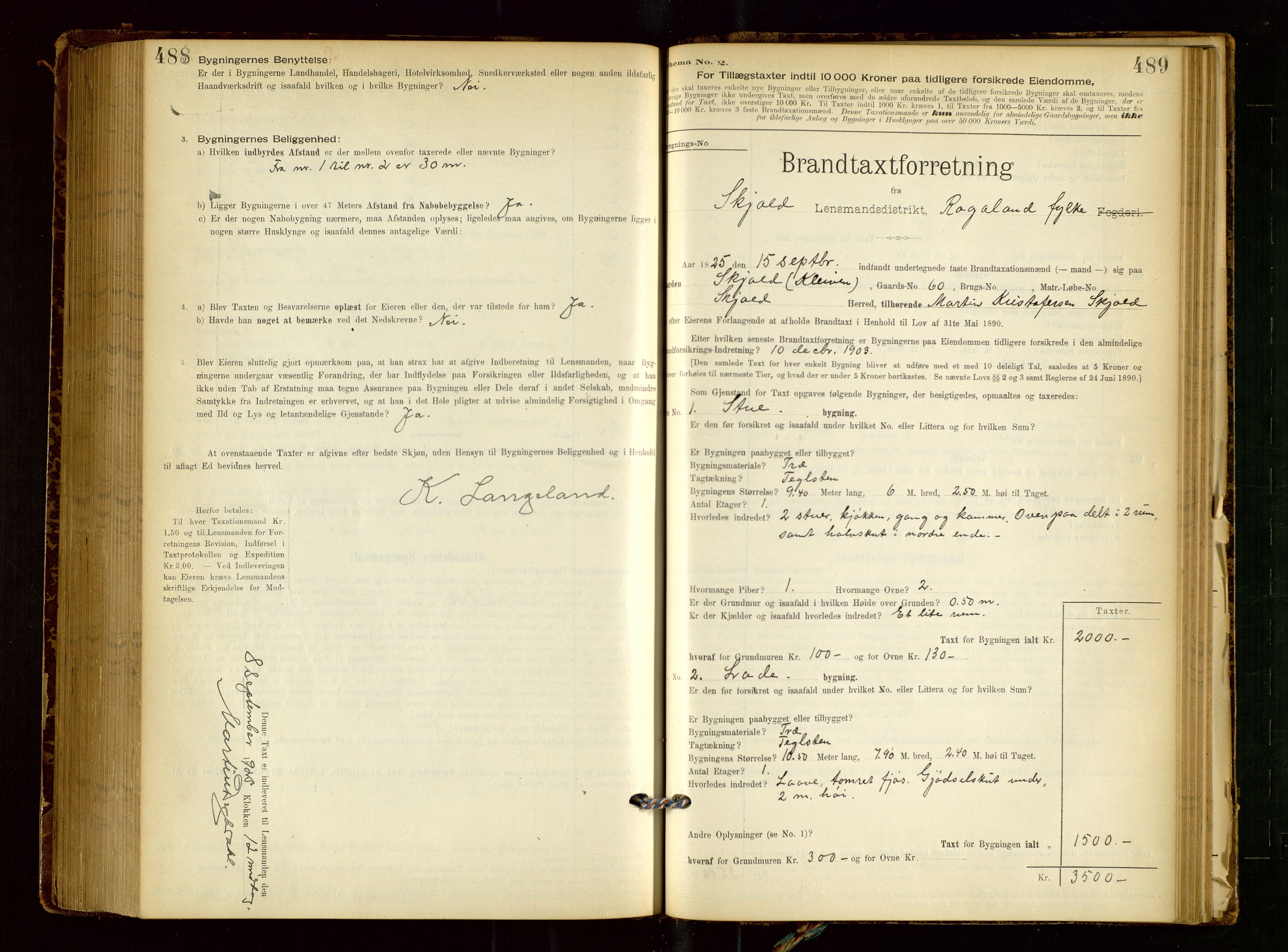 Skjold lensmannskontor, SAST/A-100182/Gob/L0001: "Brandtaxationsprotokol for Skjold Lensmandsdistrikt Ryfylke Fogderi", 1894-1939, p. 488-489