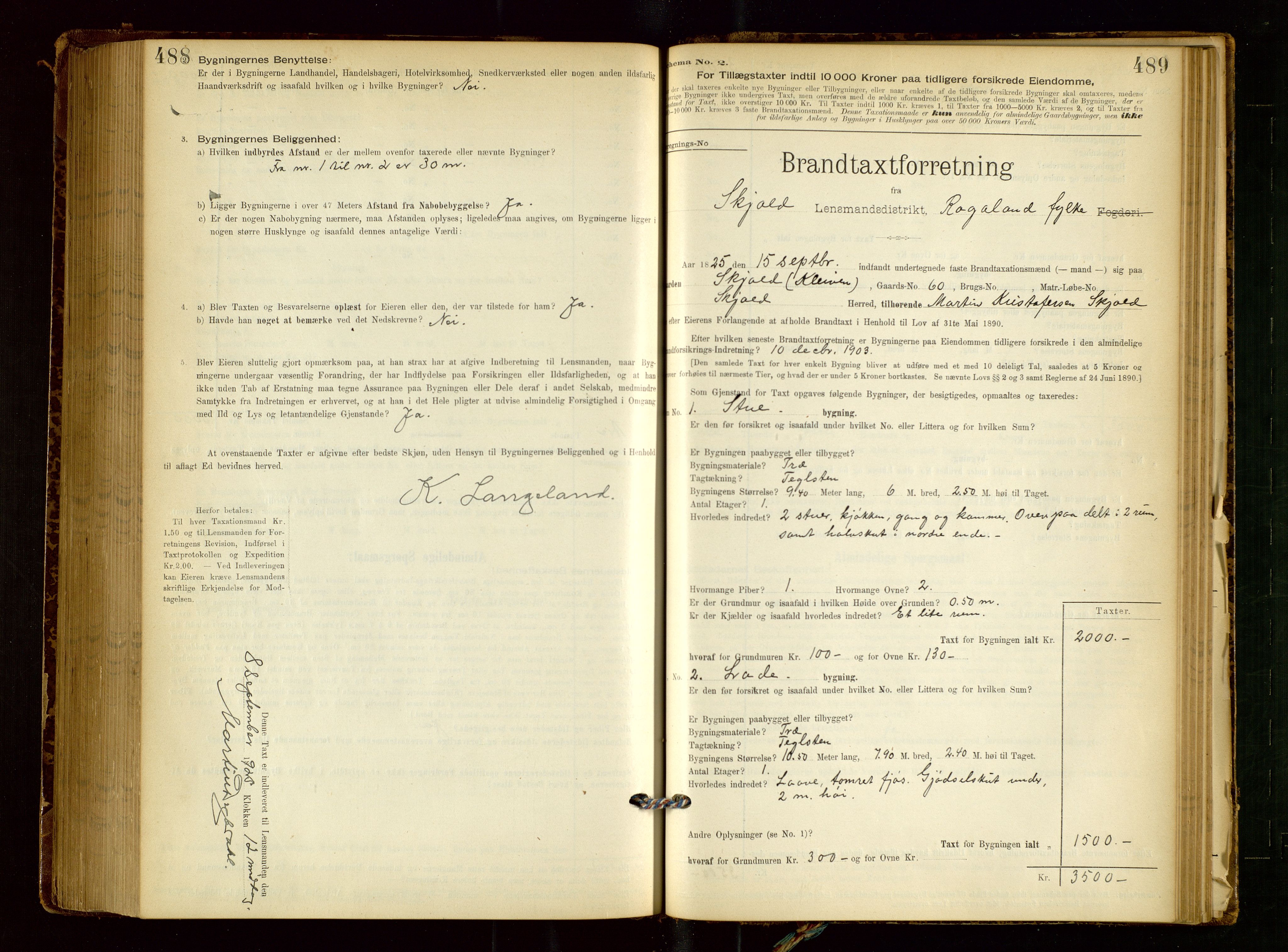 Skjold lensmannskontor, AV/SAST-A-100182/Gob/L0001: "Brandtaxationsprotokol for Skjold Lensmandsdistrikt Ryfylke Fogderi", 1894-1939, p. 488-489